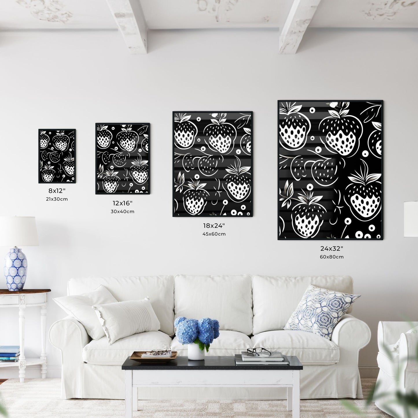 Black And White Pattern Of Strawberries Art Print Default Title