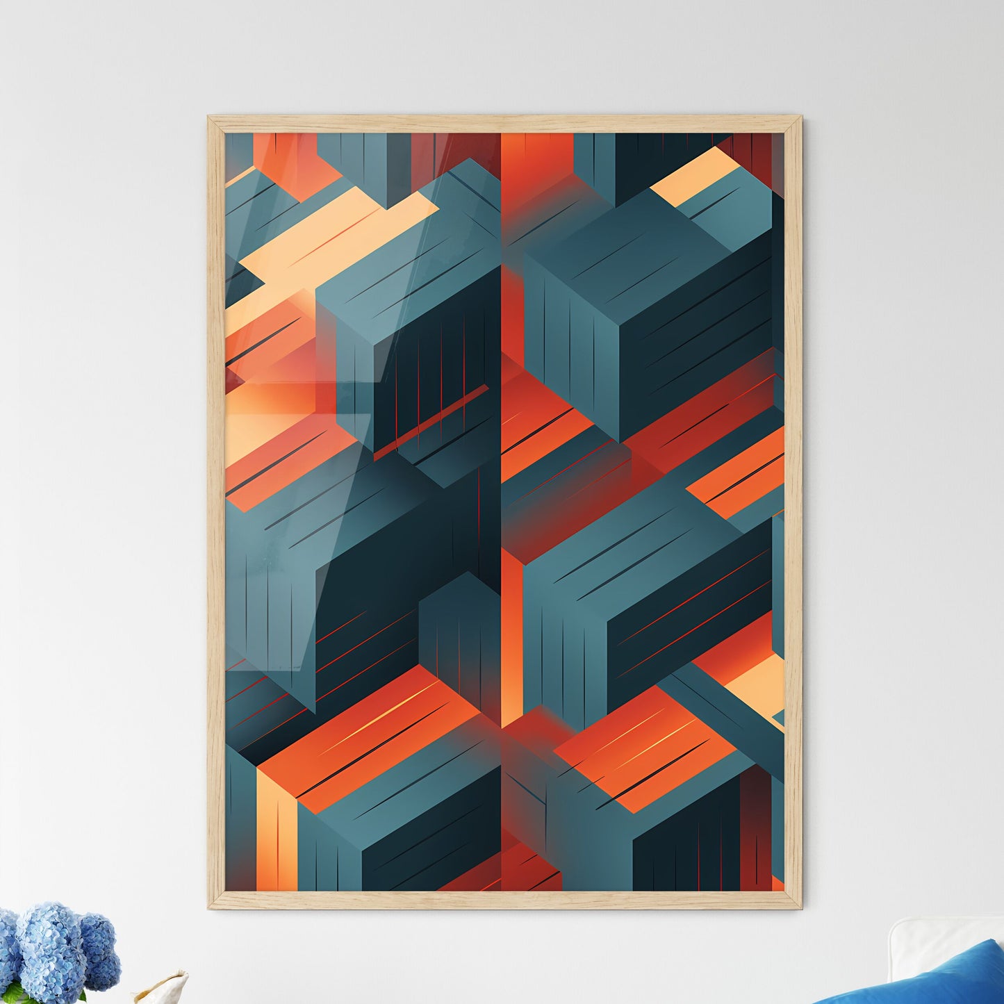 Pattern Of Cubes With Orange And Blue Lines Art Print Default Title