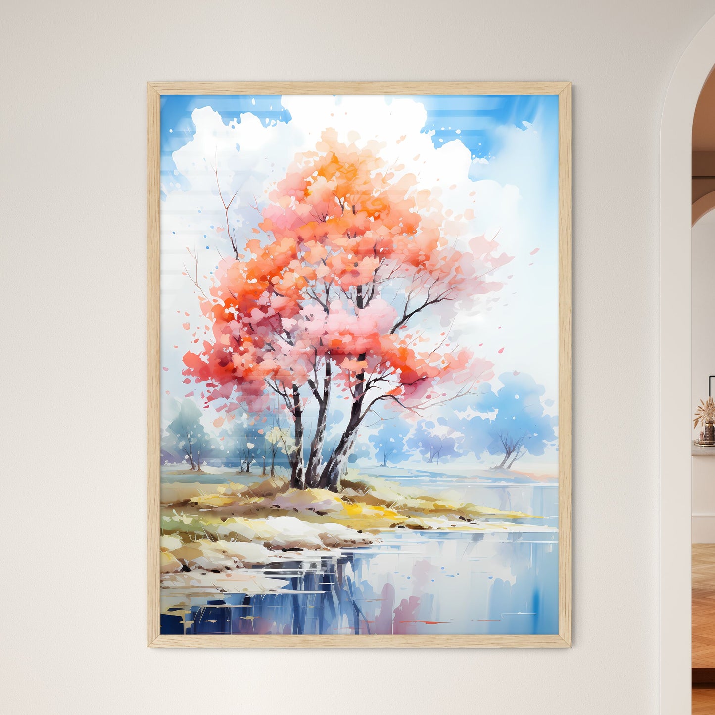 Watercolor Painting Of A Tree With Pink And  - Framed Art Print