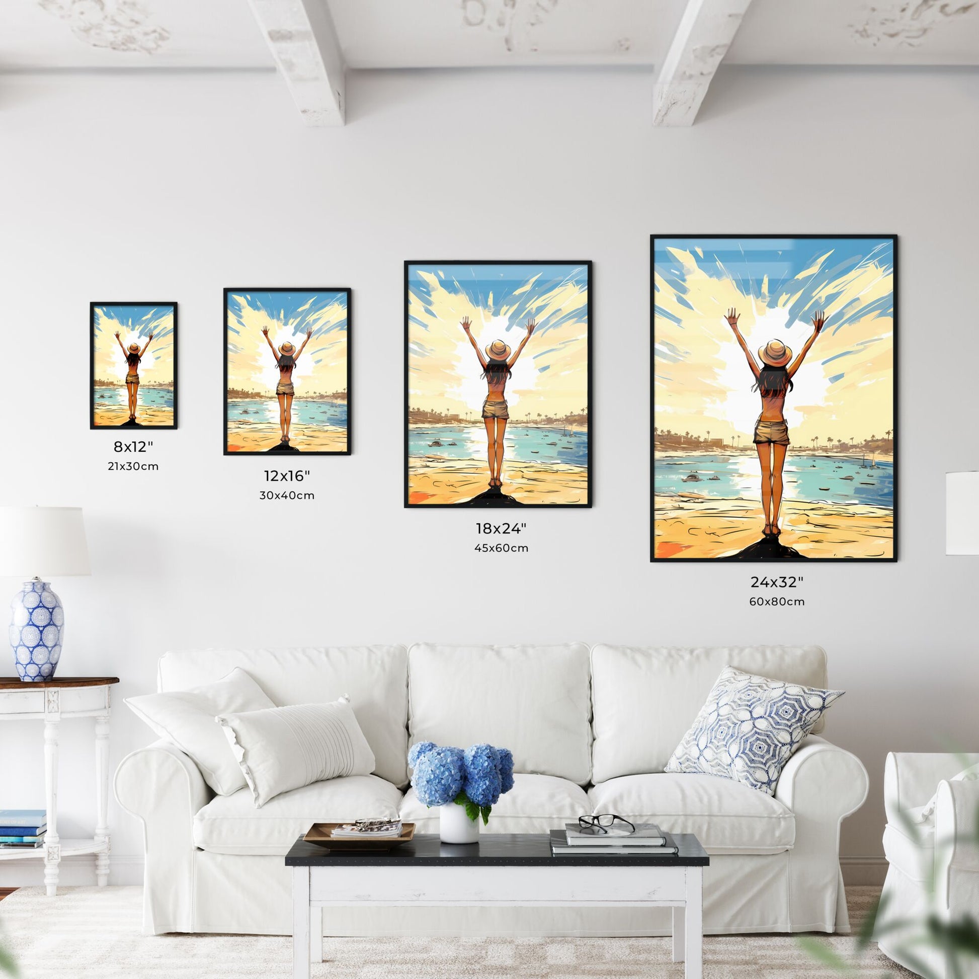 Woman Standing On A Beach With Her Arms Up Art Print Default Title