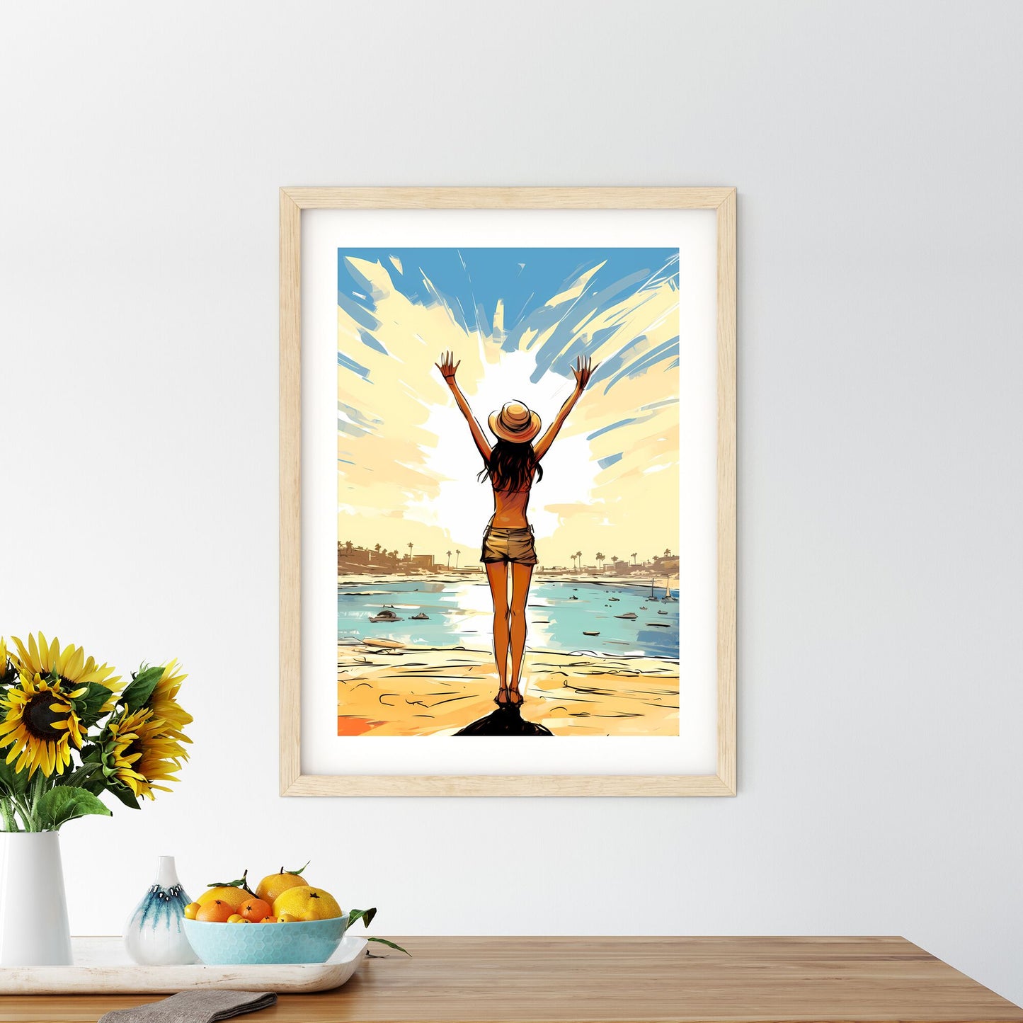 Woman Standing On A Beach With Her Arms Up Art Print Default Title