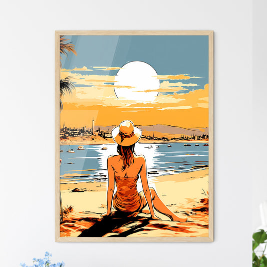 Woman Sitting On A Beach Looking At The Sun Art Print Default Title