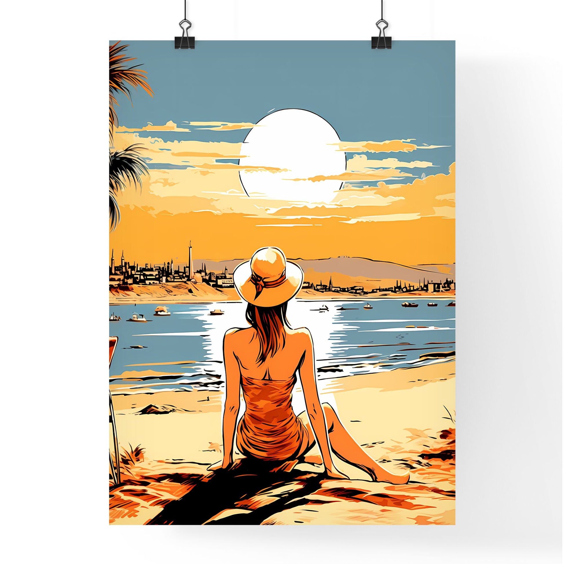 Woman Sitting On A Beach Looking At The Sun Art Print Default Title