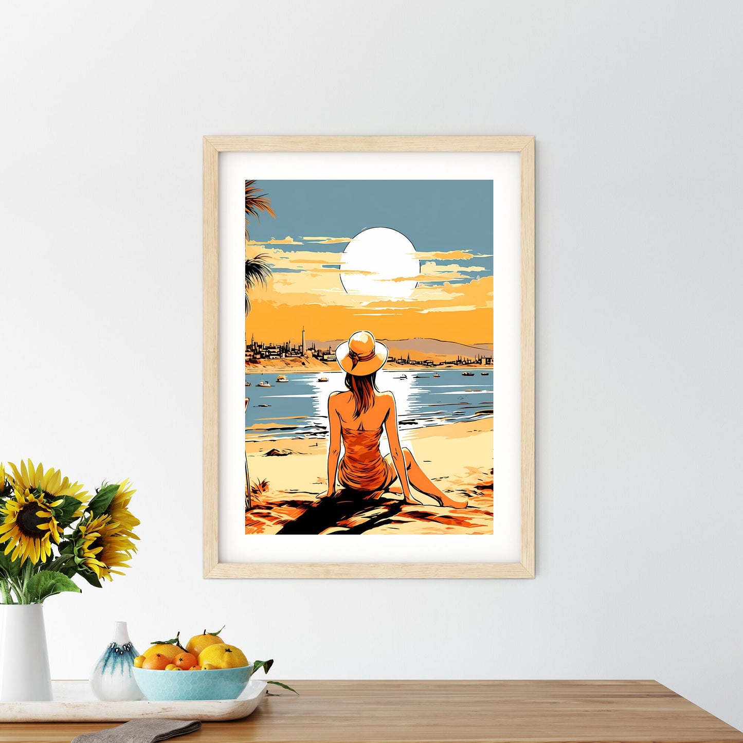 Woman Sitting On A Beach Looking At The Sun Art Print Default Title