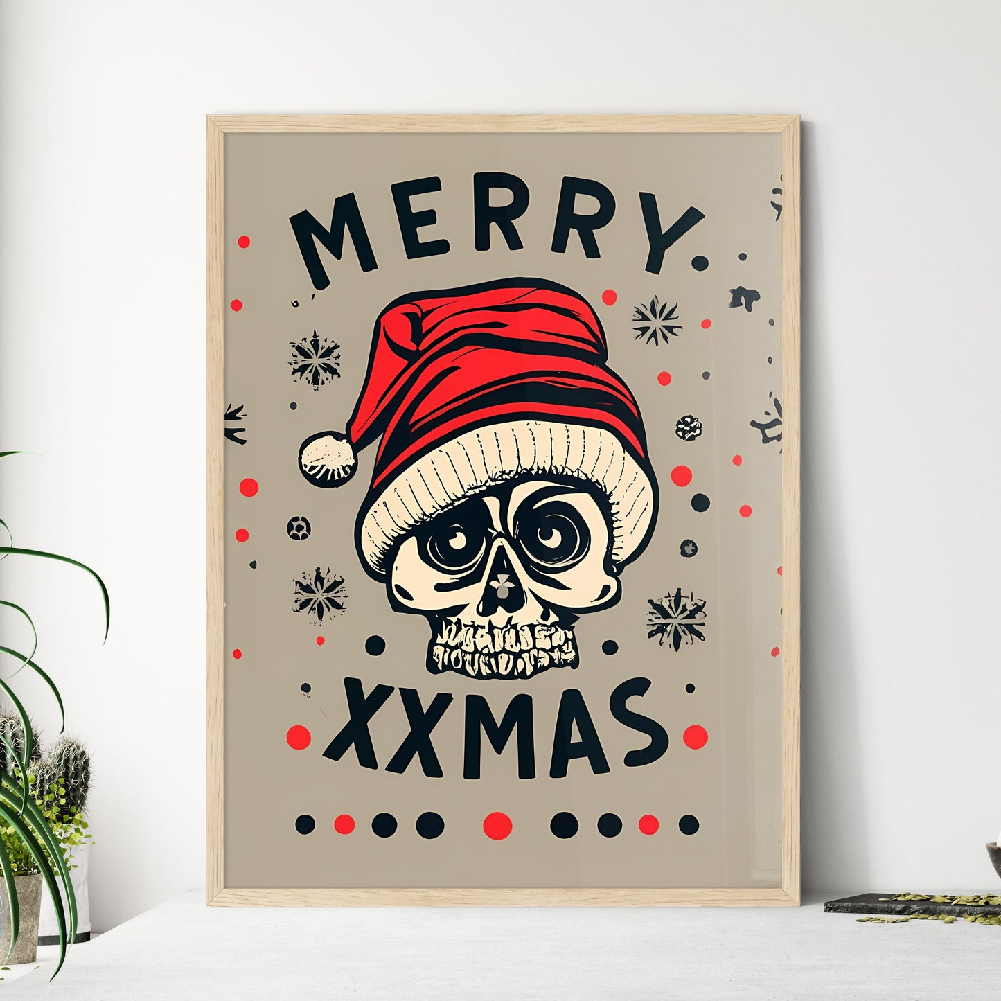 Merry Christmas - A Skull Wearing A Hat And Snowflakes Art Print Default Title