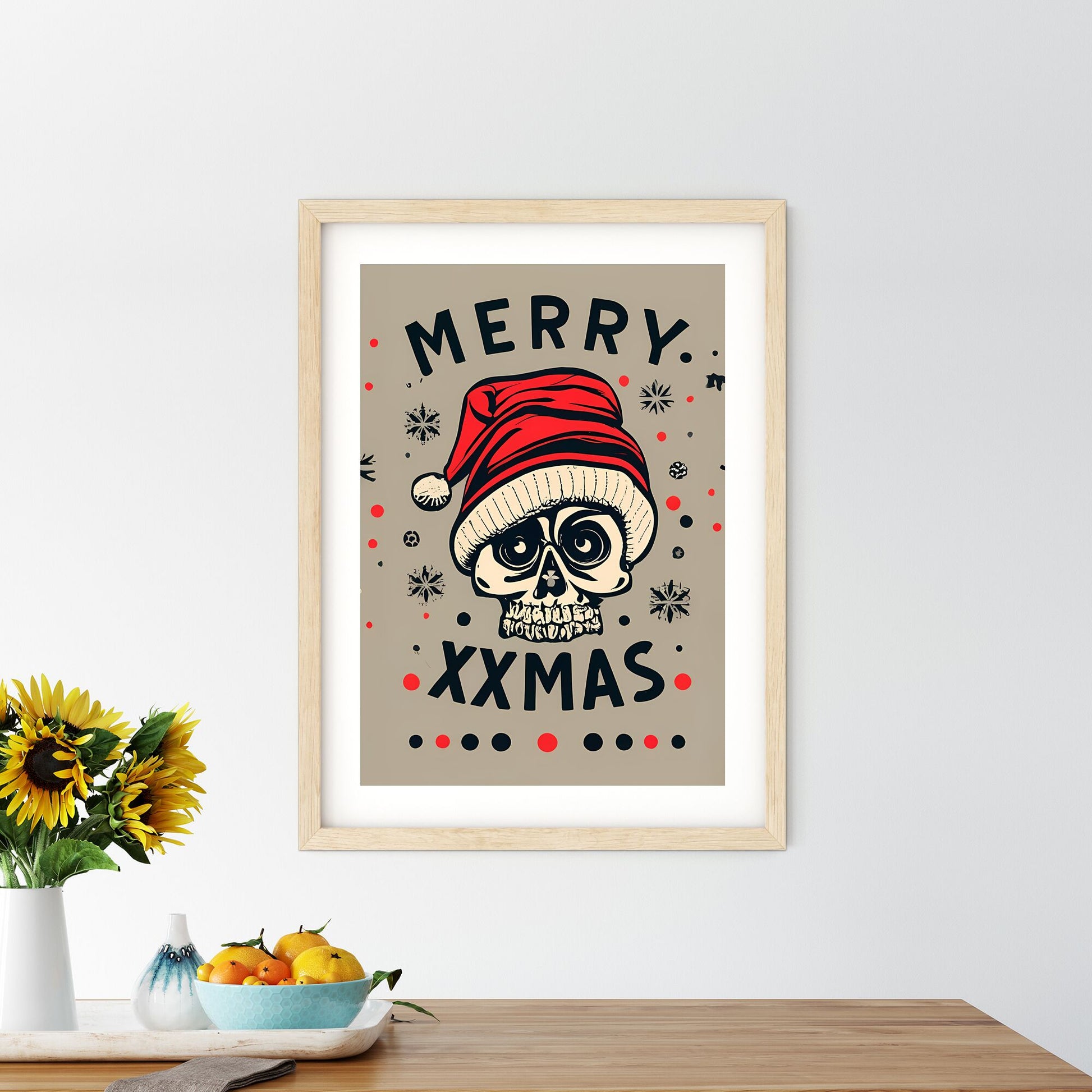 Merry Christmas - A Skull Wearing A Hat And Snowflakes Art Print Default Title
