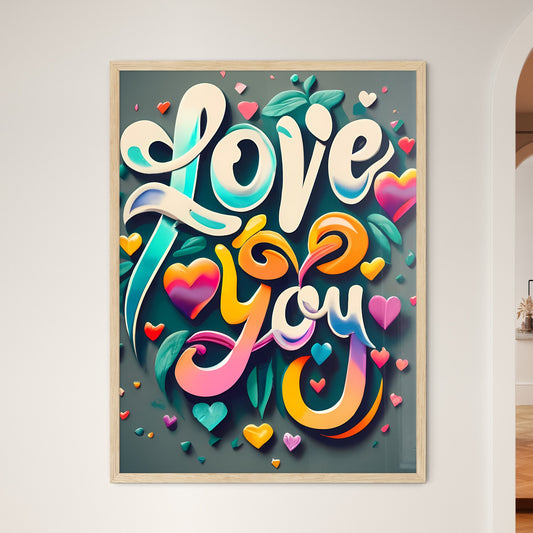 Love You - A Colorful Text With Hearts And Leaves Art Print Default Title