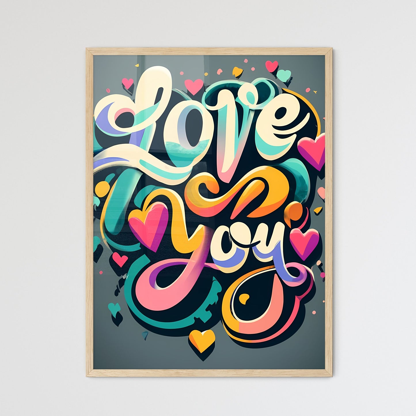 Love You - A Colorful Text With Hearts Art P - Framed Art Print