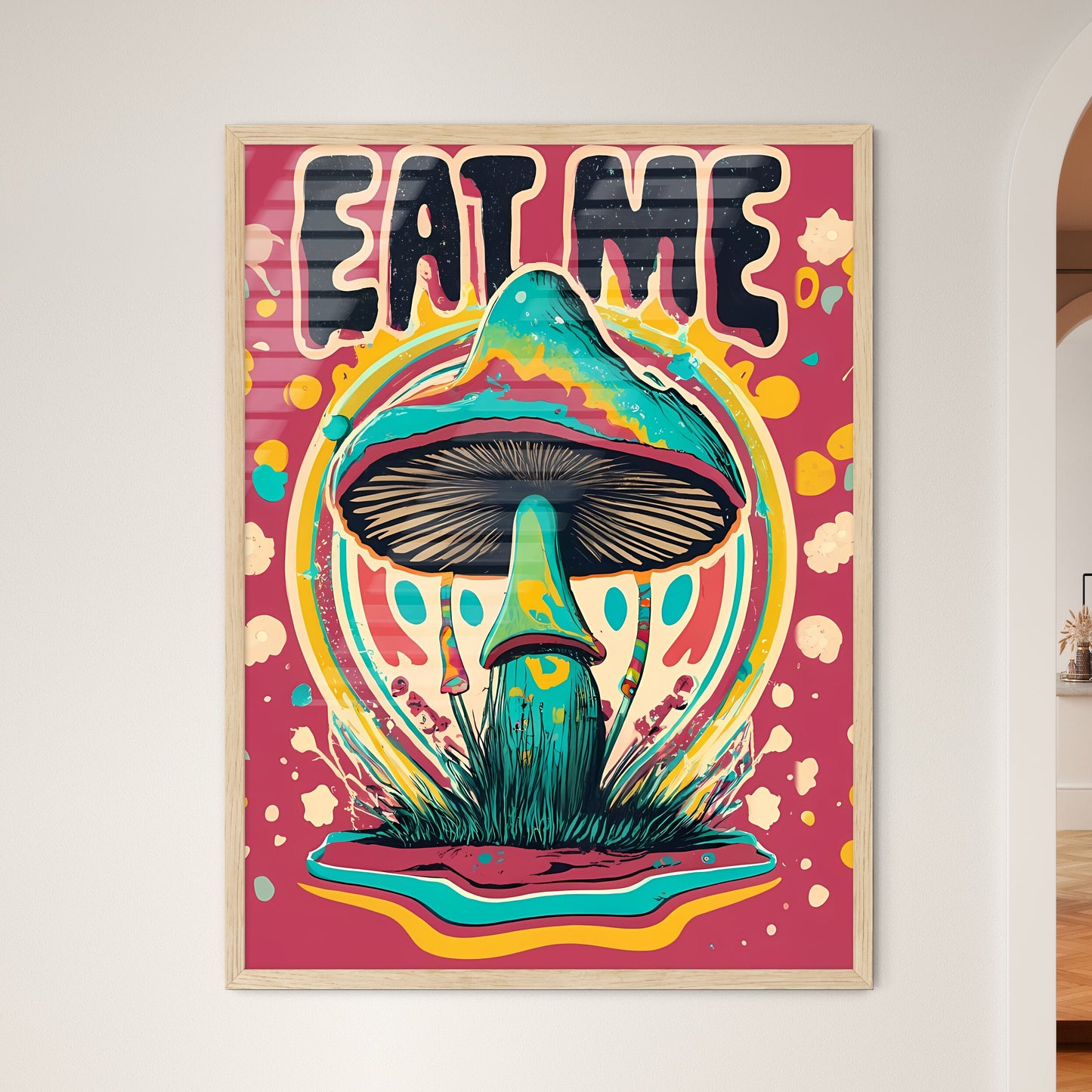 Eat Me - A Colorful Mushroom With Text Art P - Framed Art Print