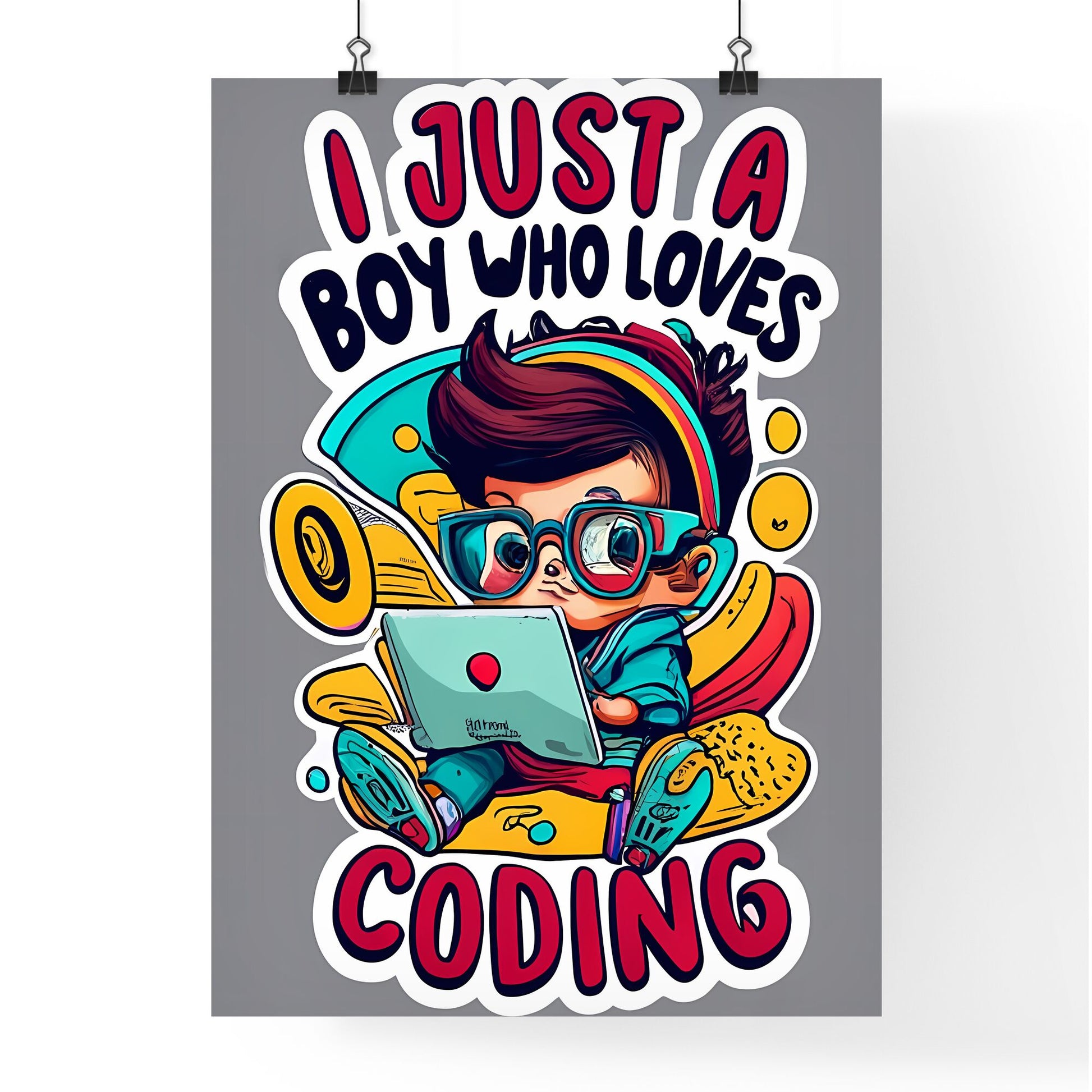 I Am Just A Boy Who Loves Coding - A Cartoon Of A Boy Using A Laptop Art Print Default Title
