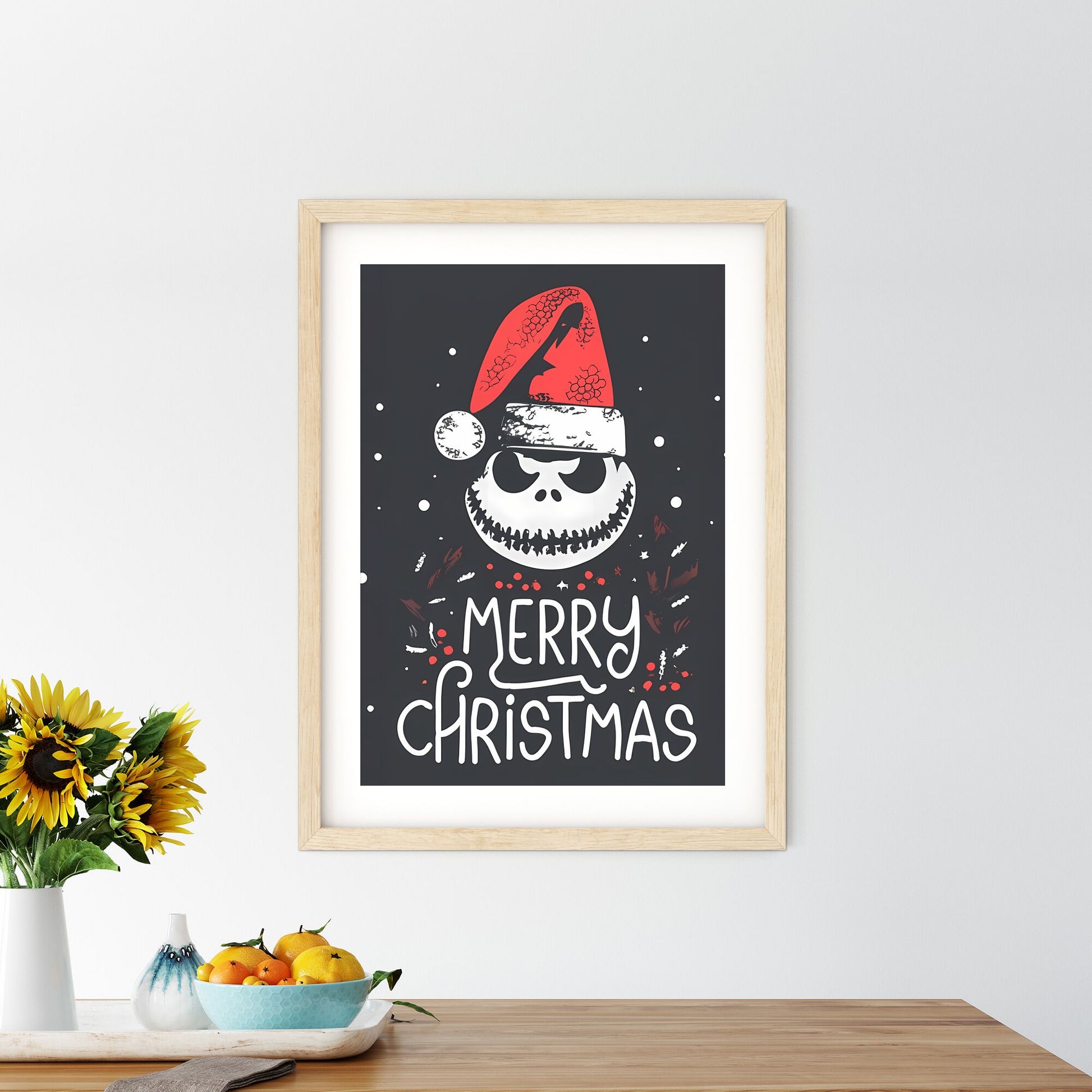 Merry Christmas - A Black And White Image Of A Cartoon Character Wearing A Red Hat Art Print Default Title