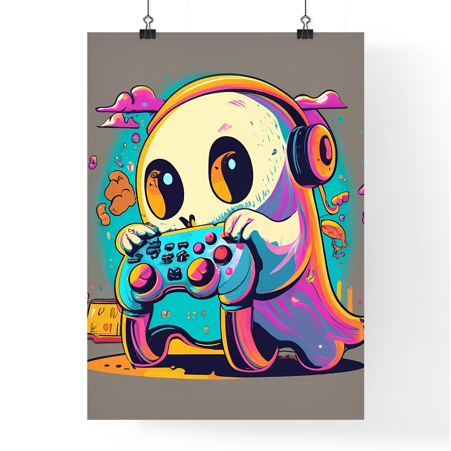 A Cartoon Of A Ghost Playing A Video Game Art Print Default Title