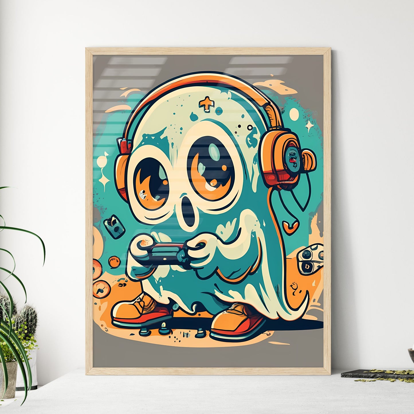 A Cartoon Of A Ghost Playing Video Games Art Print Default Title