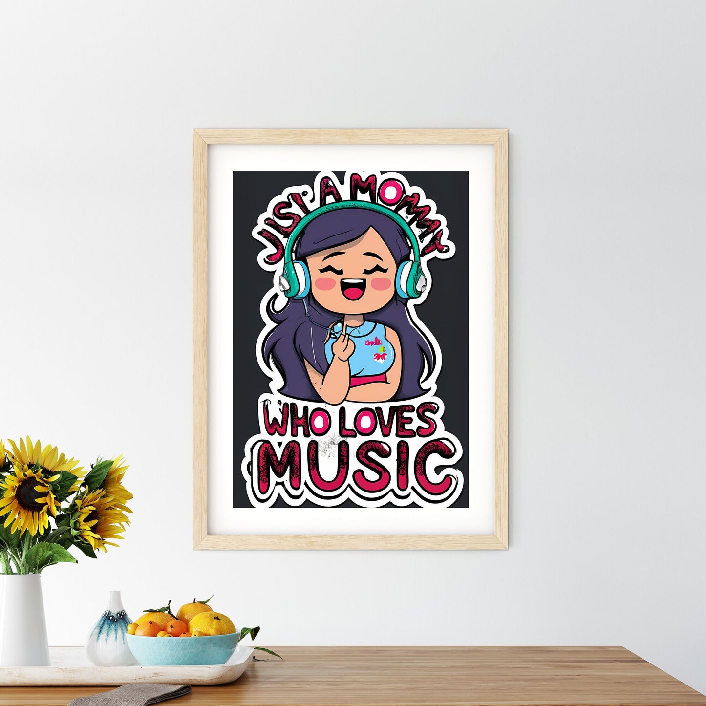 Just A Mom Who Loves Music - A Sticker Of A Girl Wearing Headphones Art Print Default Title