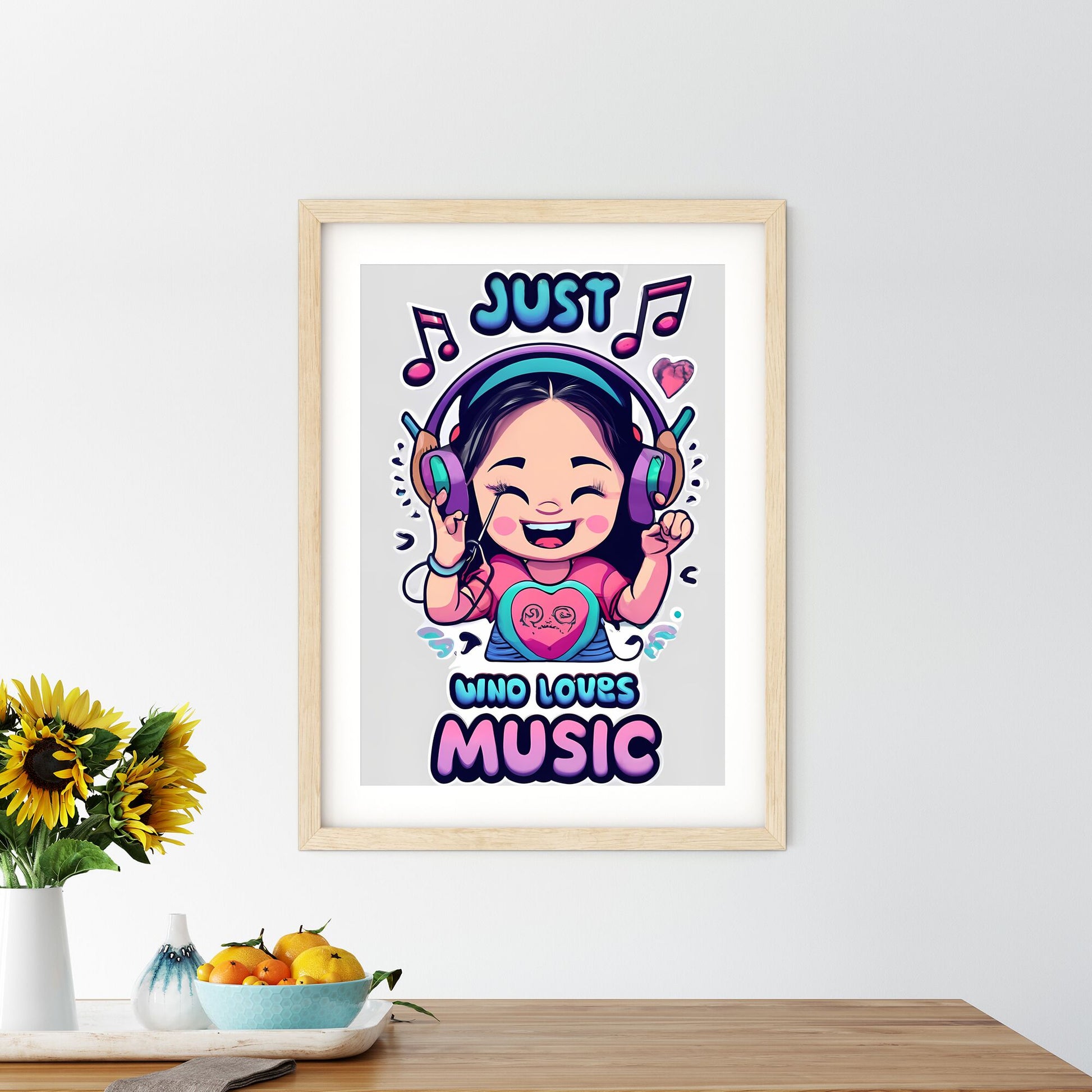 Just A Mom Who Loves Music - A Cartoon Of A Girl Wearing Headphones Art Print Default Title
