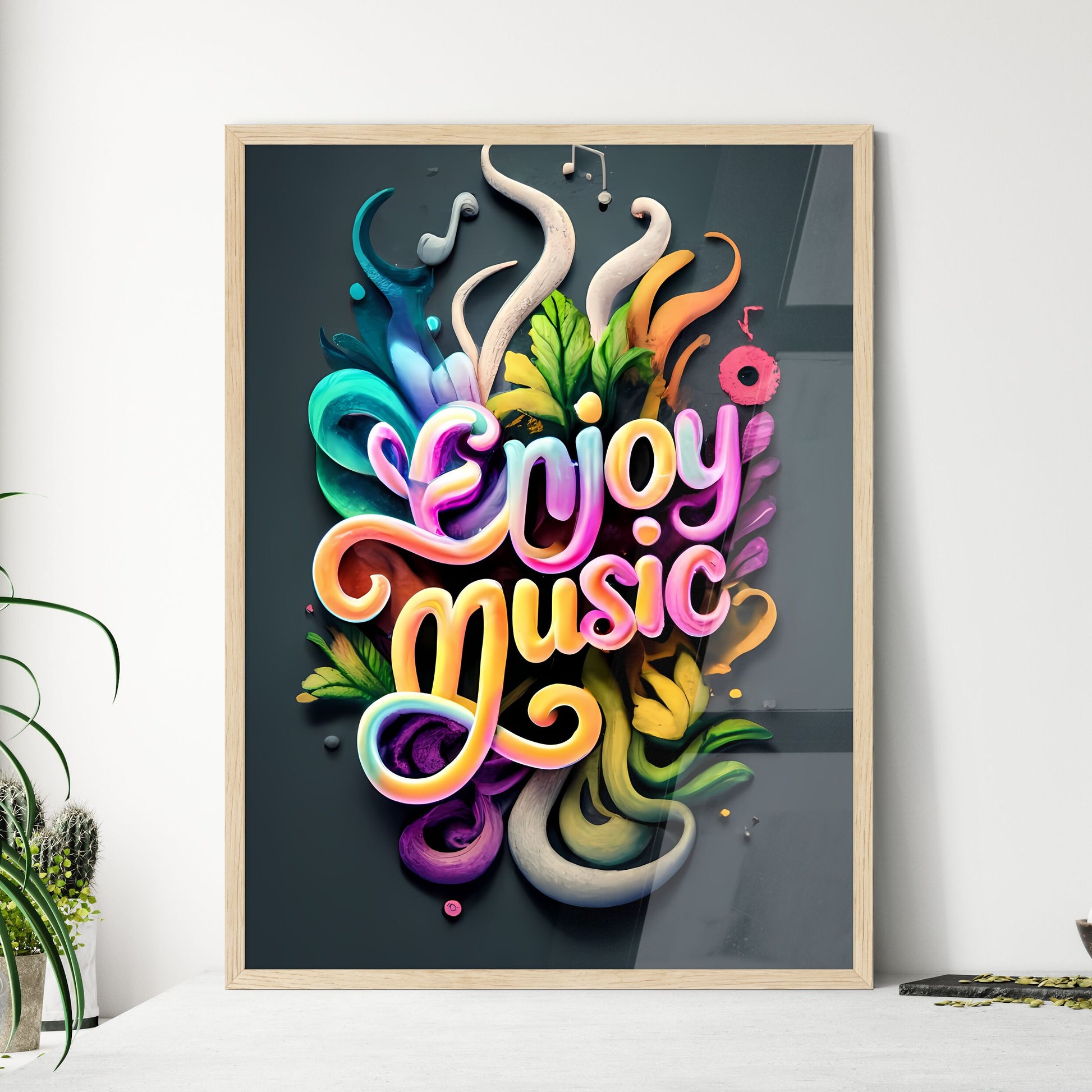 Enjoy Music - A Colorful Text On A Black Bac - Framed Art Print