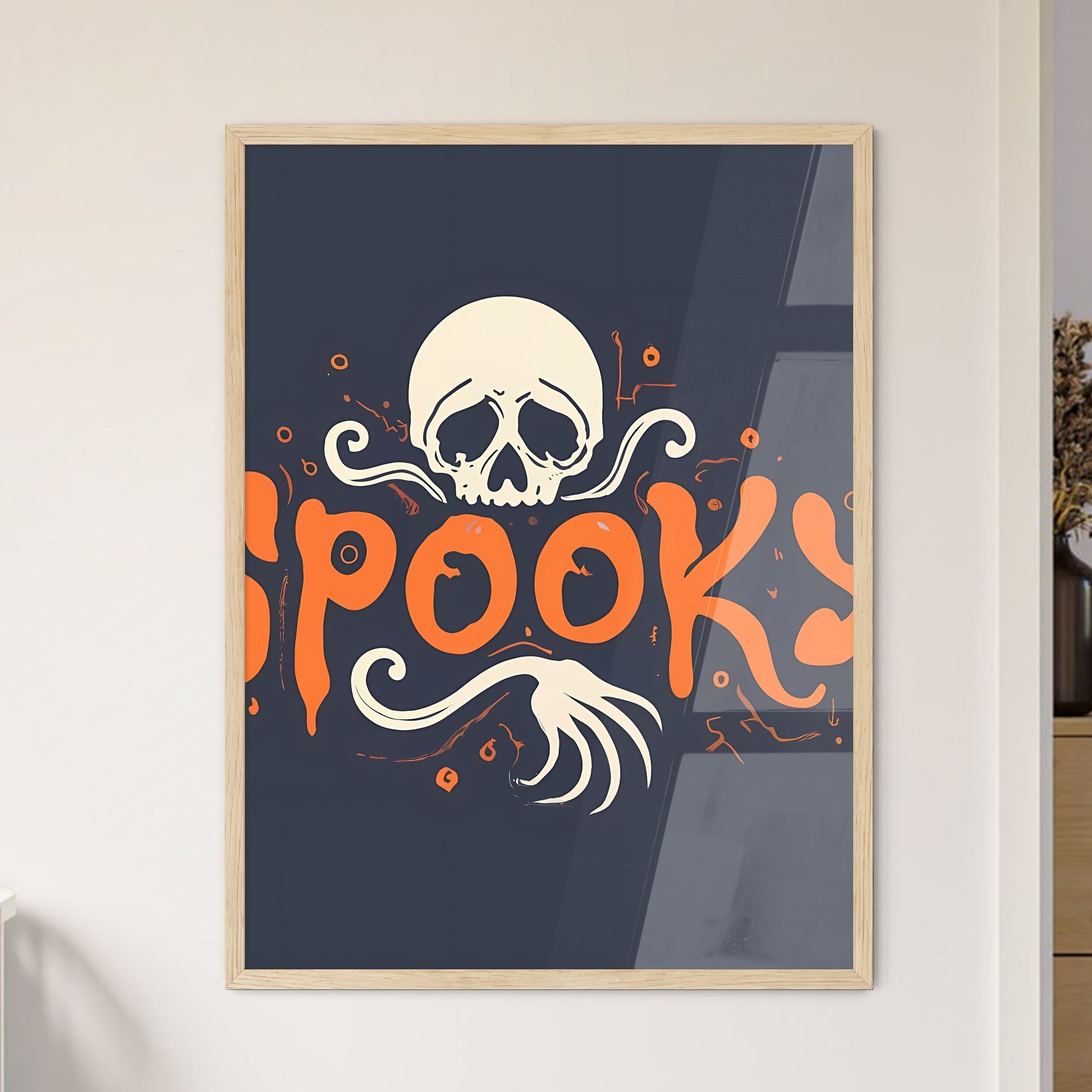 Spooky - A White Skull With Orange Letters And A Black Background Art Print Default Title