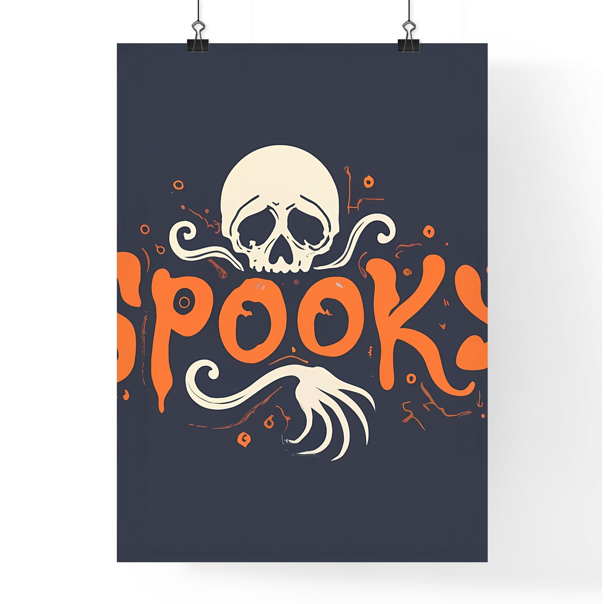 Spooky - A White Skull With Orange Letters And A Black Background Art Print Default Title