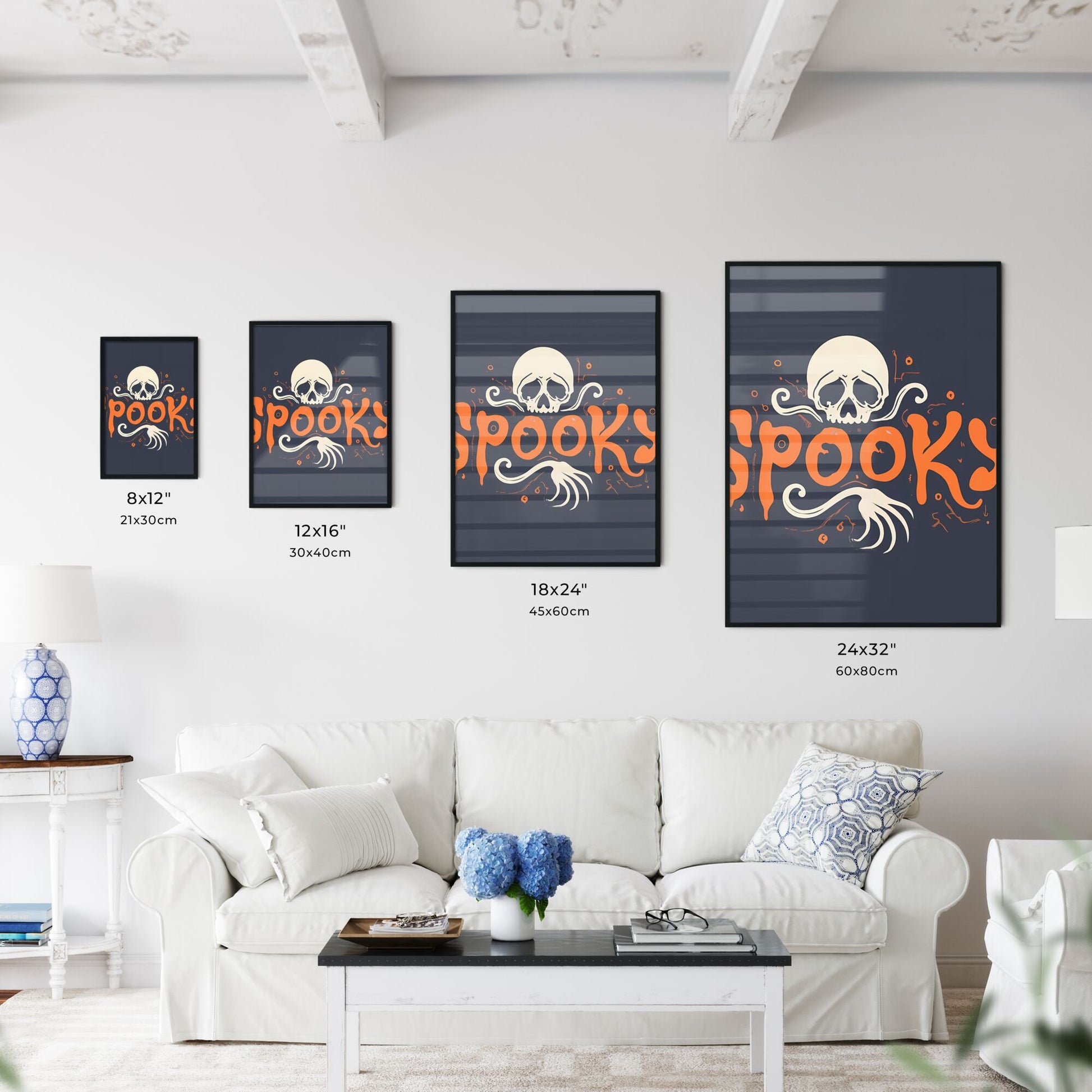 Spooky - A White Skull With Orange Letters And A Black Background Art Print Default Title