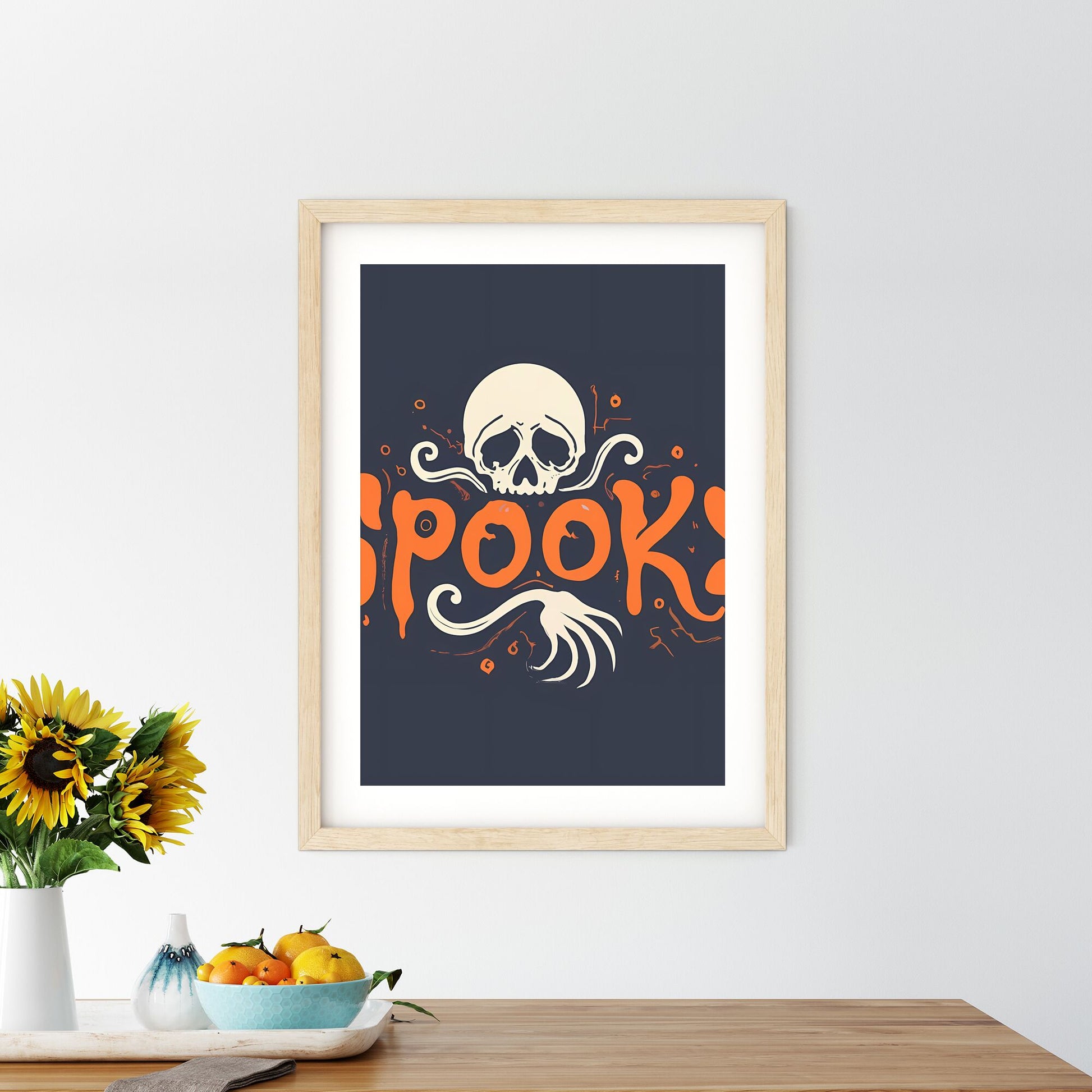 Spooky - A White Skull With Orange Letters And A Black Background Art Print Default Title