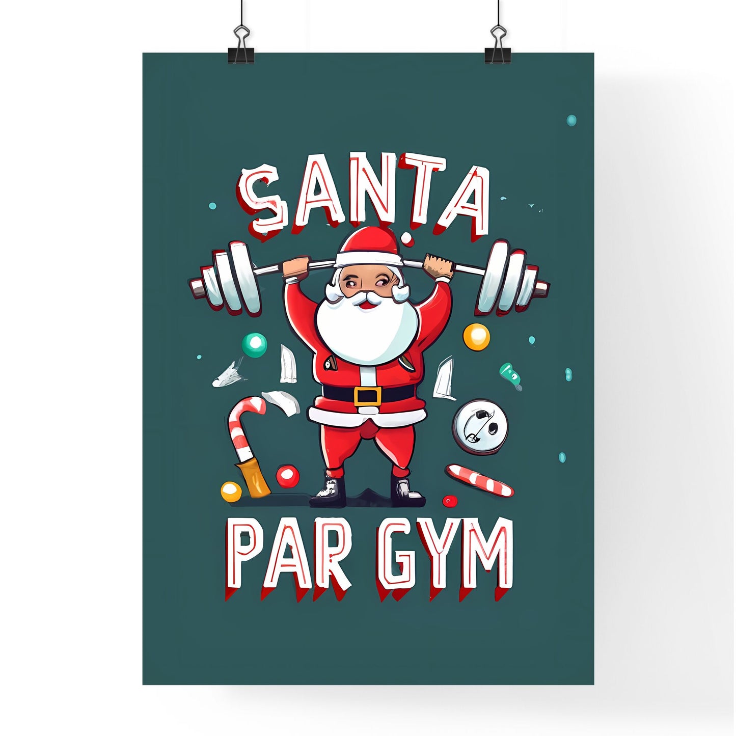 Santa Par Gym - A Cartoon Of A Santa Lifting A Barbell Art Print Default Title