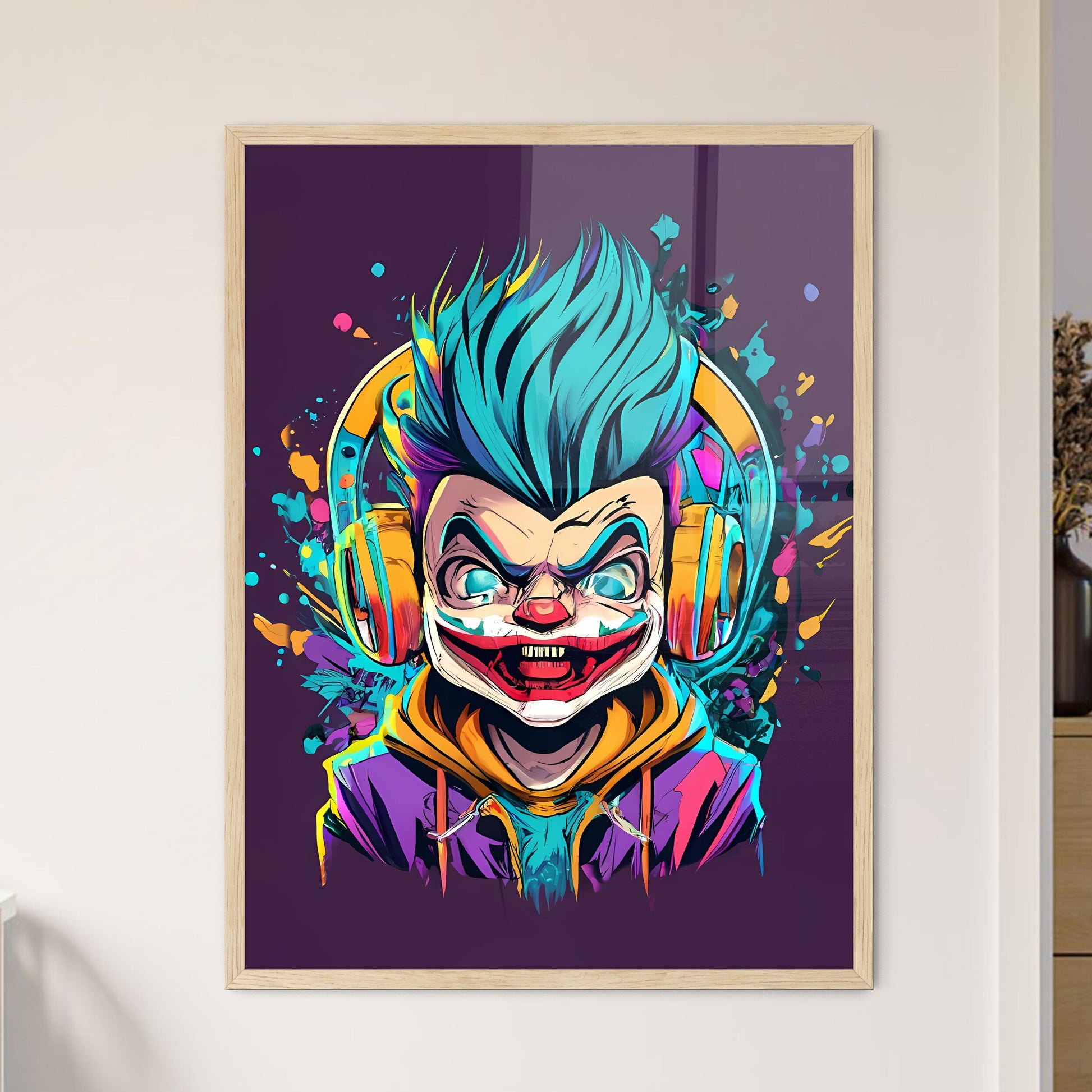 A Cartoon Of A Clown Wearing Headphones Art Print Default Title