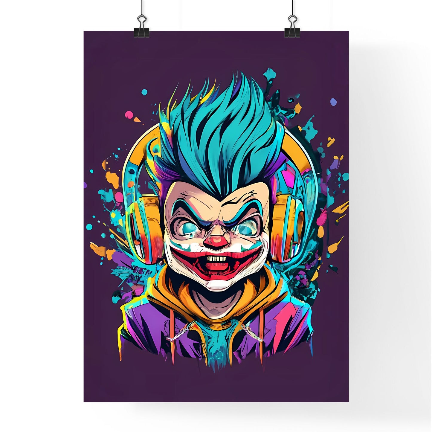 A Cartoon Of A Clown Wearing Headphones Art Print Default Title