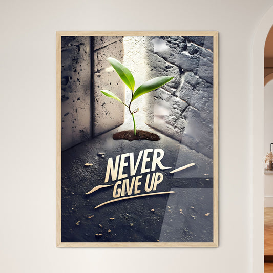 Never Give Up - A Plant Growing Out Of A Hole In A Concrete Room Art Print Default Title