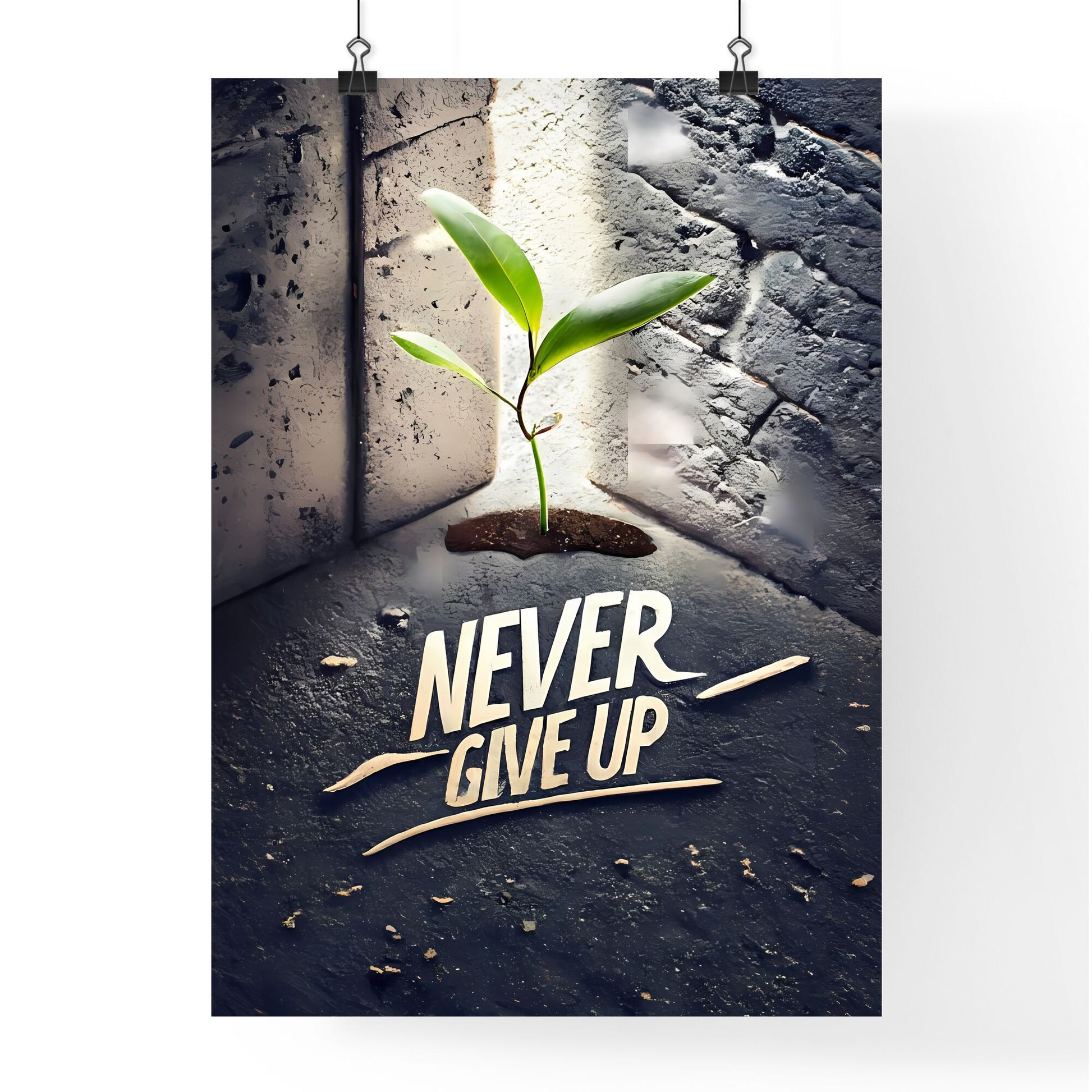 Never Give Up - A Plant Growing Out Of A Hole In A Concrete Room Art Print Default Title