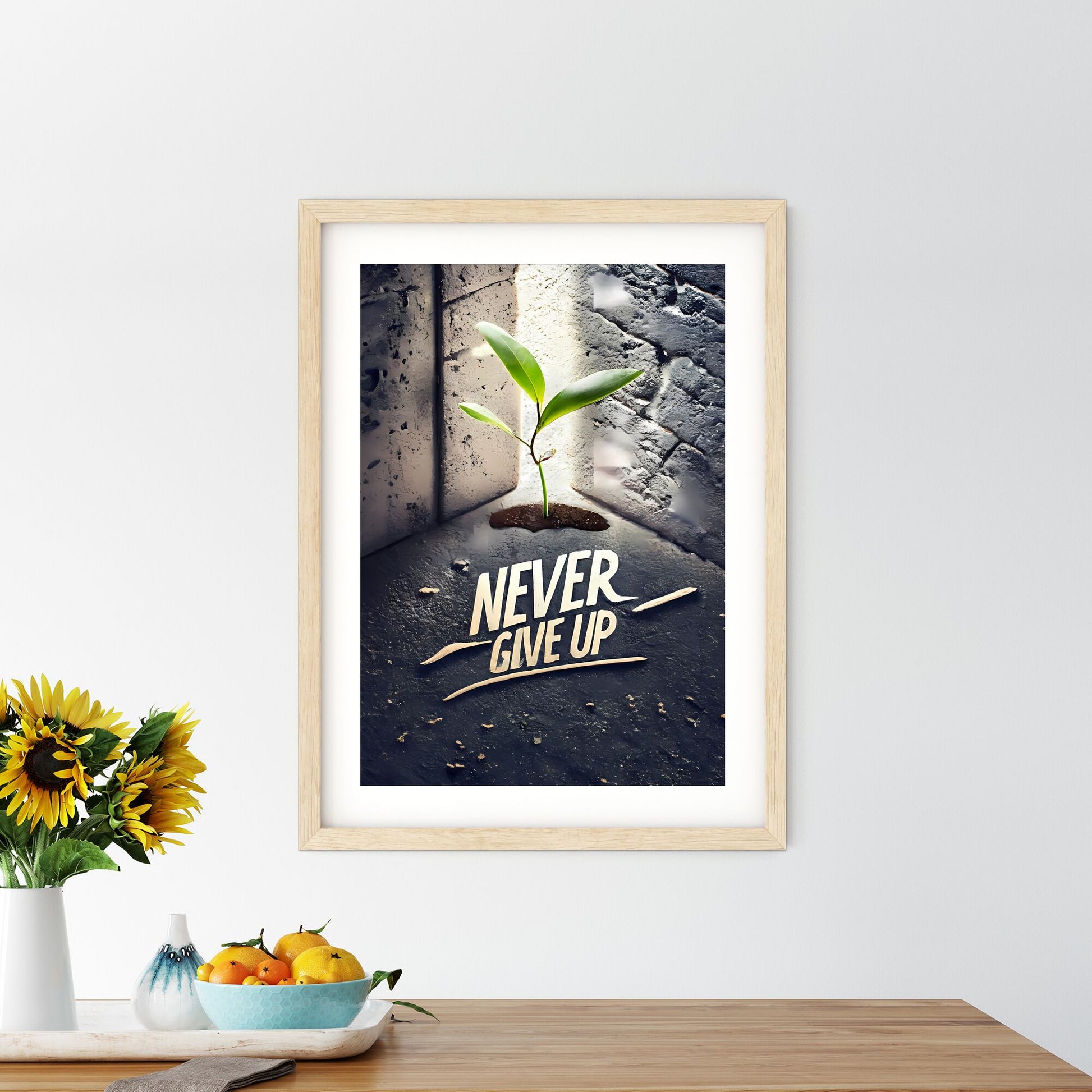 Never Give Up - A Plant Growing Out Of A Hole In A Concrete Room Art Print Default Title