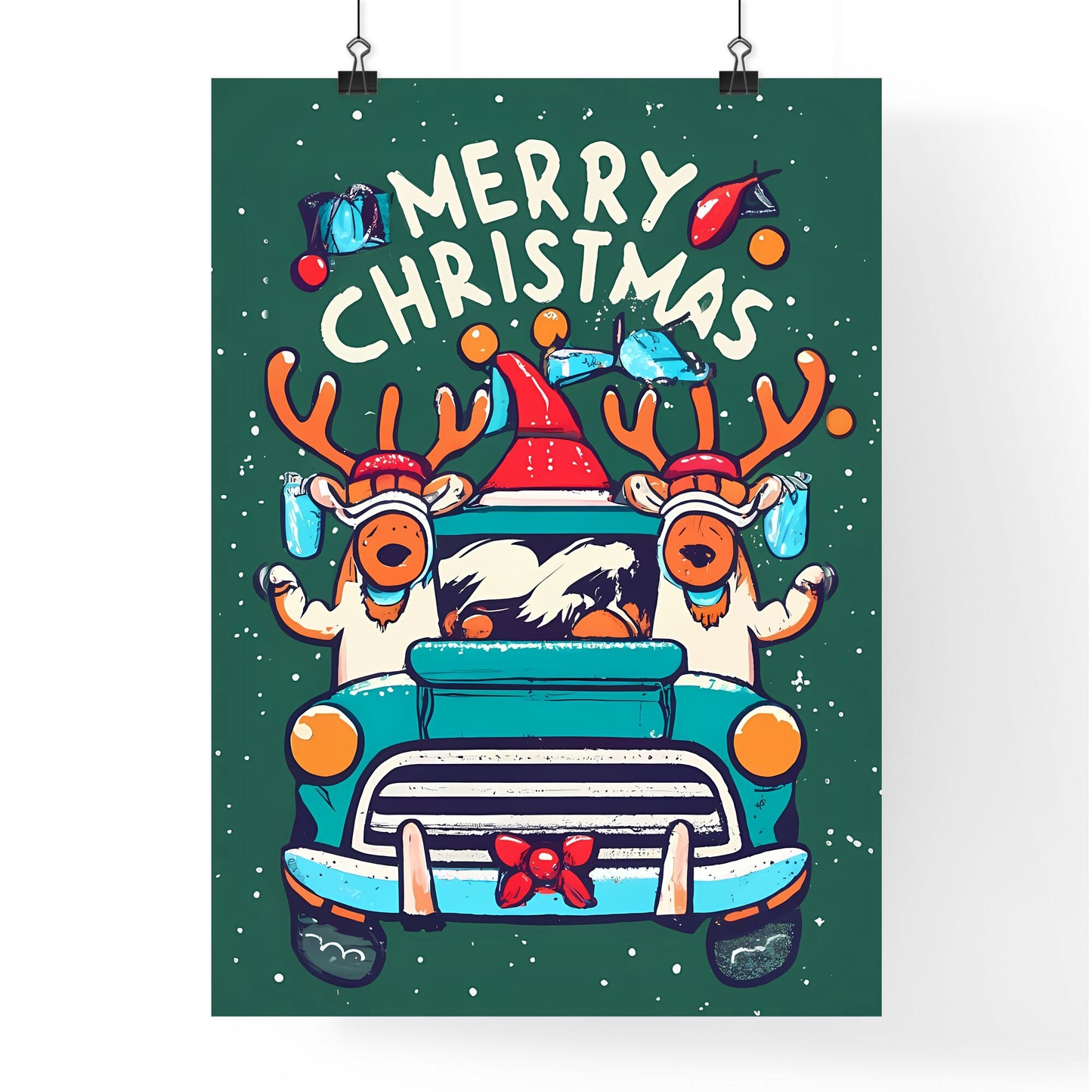 Merry Christmas - A Cartoon Of Reindeers Driving A Car Art Print Default Title