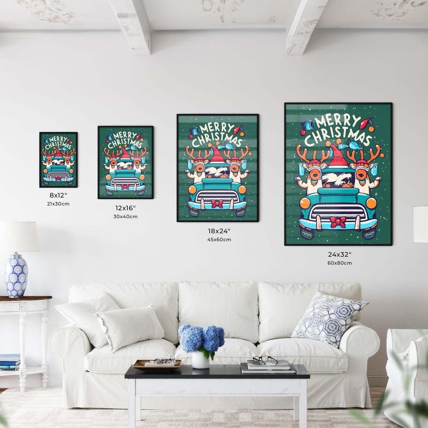 Merry Christmas - A Cartoon Of Reindeers Driving A Car Art Print Default Title