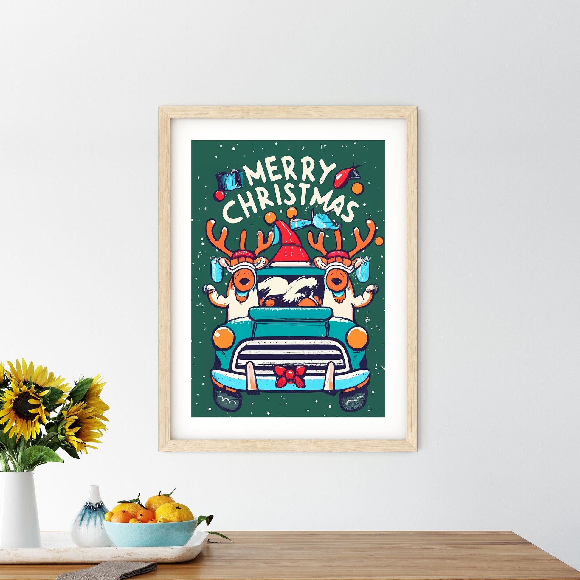 Merry Christmas - A Cartoon Of Reindeers Driving A Car Art Print Default Title