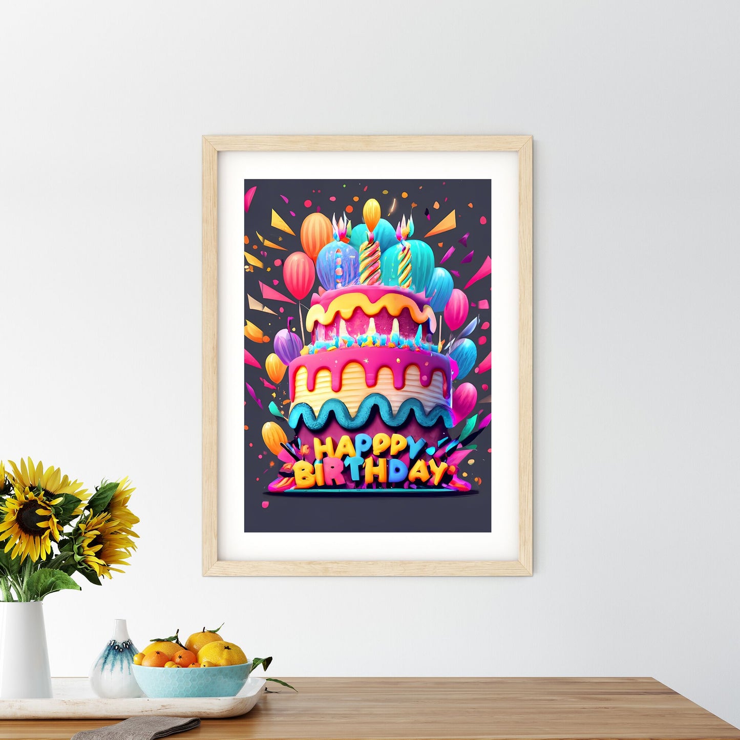 Happy Birthday - A Colorful Birthday Cake With Balloons And Confetti Art Print Default Title