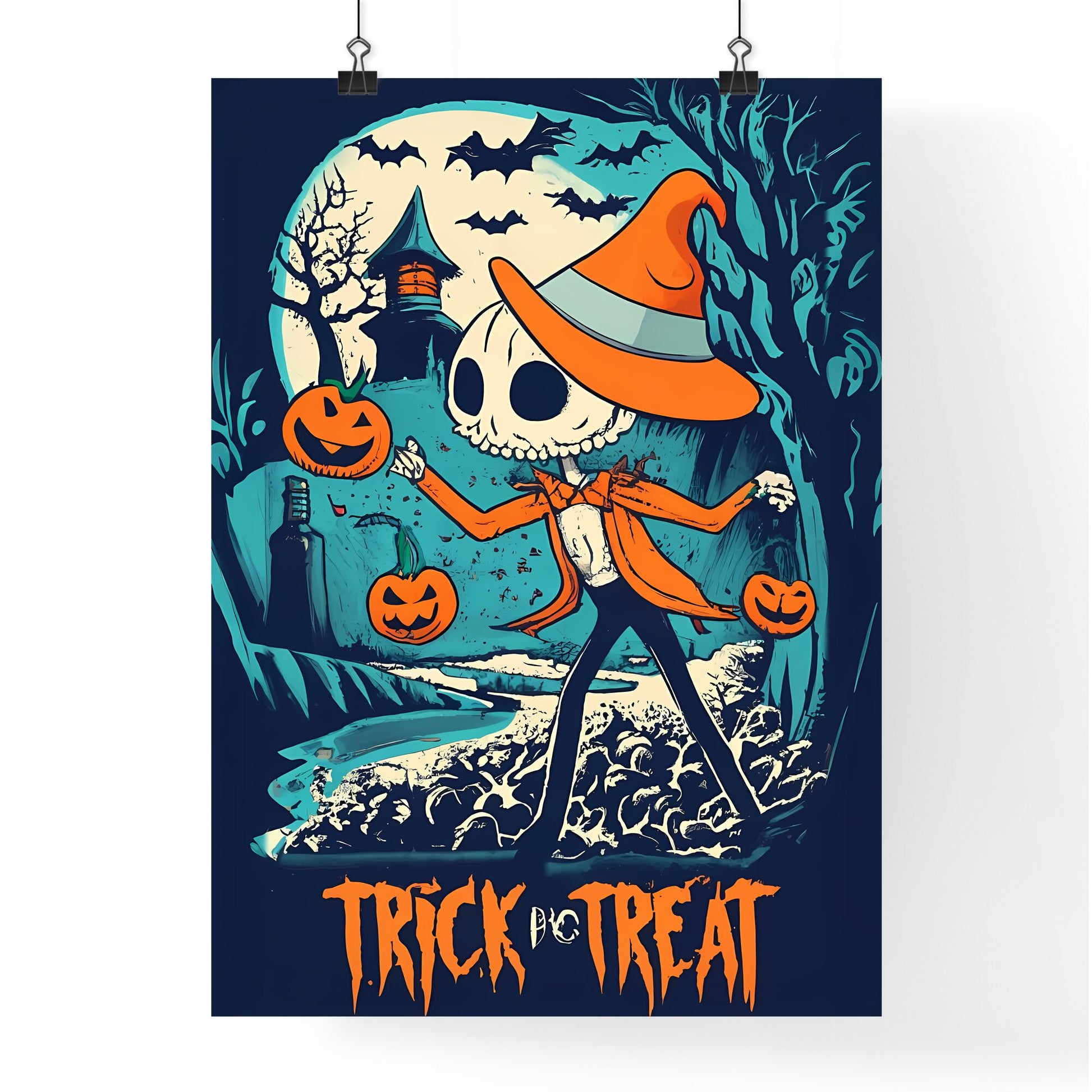 Trick Or Treat - A Cartoon Of A Skeleton Holding Pumpkins Default Title