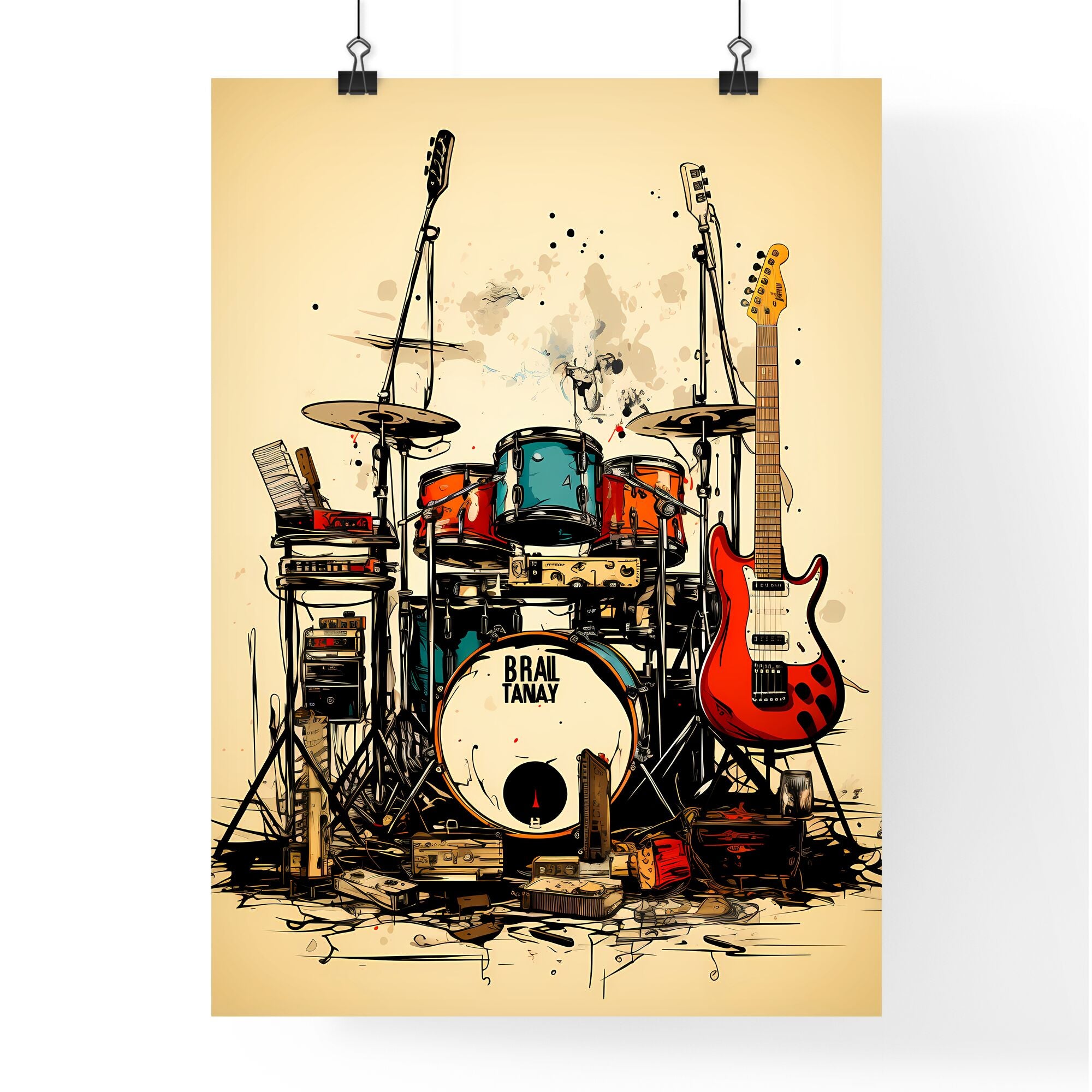 A Drum Set With A Guitar And Drums