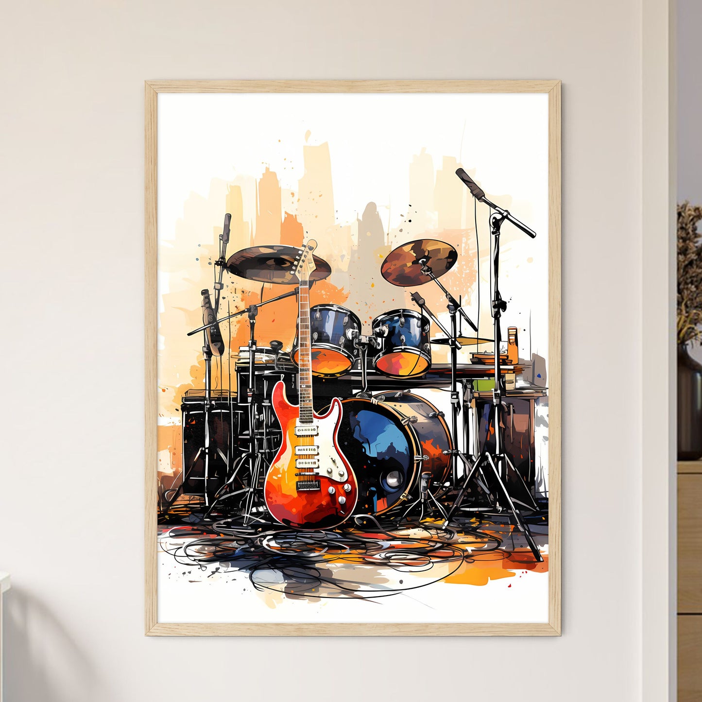A Guitar And Drums On A Stag - Framed Art Print