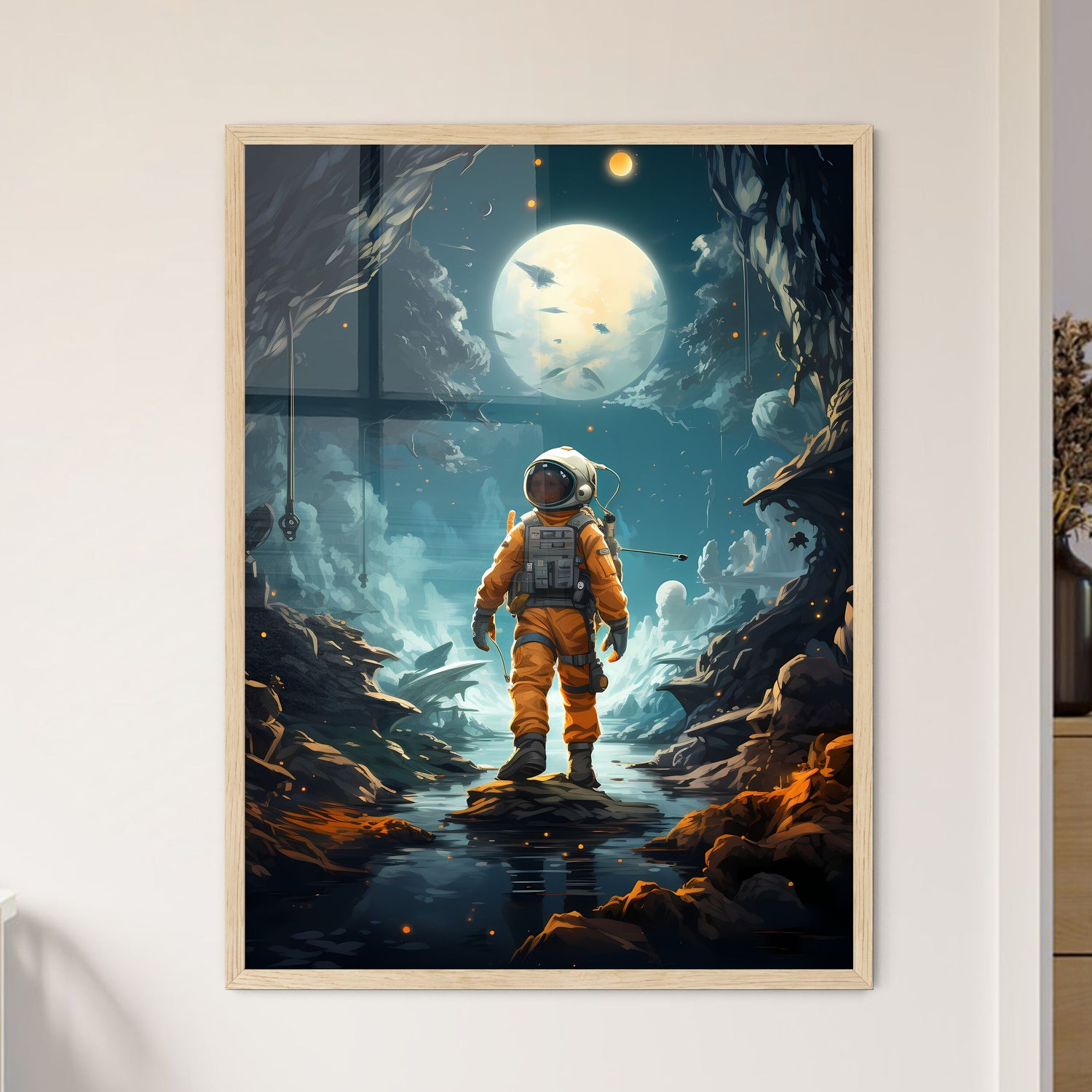 A Astronaut In An Orange Suit Standing In A Stream With A Full Moon Default Title