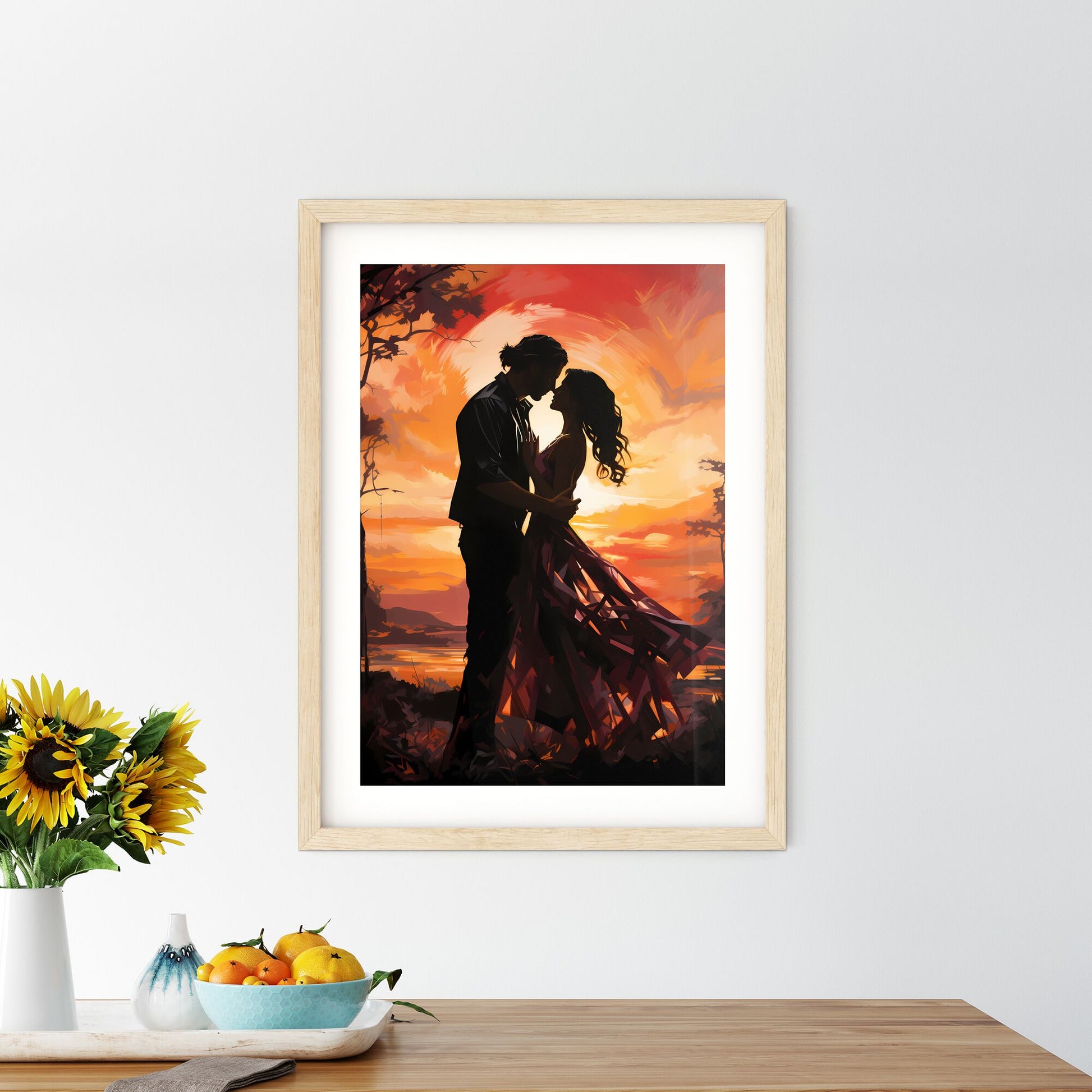 A Man And Woman Kissing In Front Of A Sunset Default Title