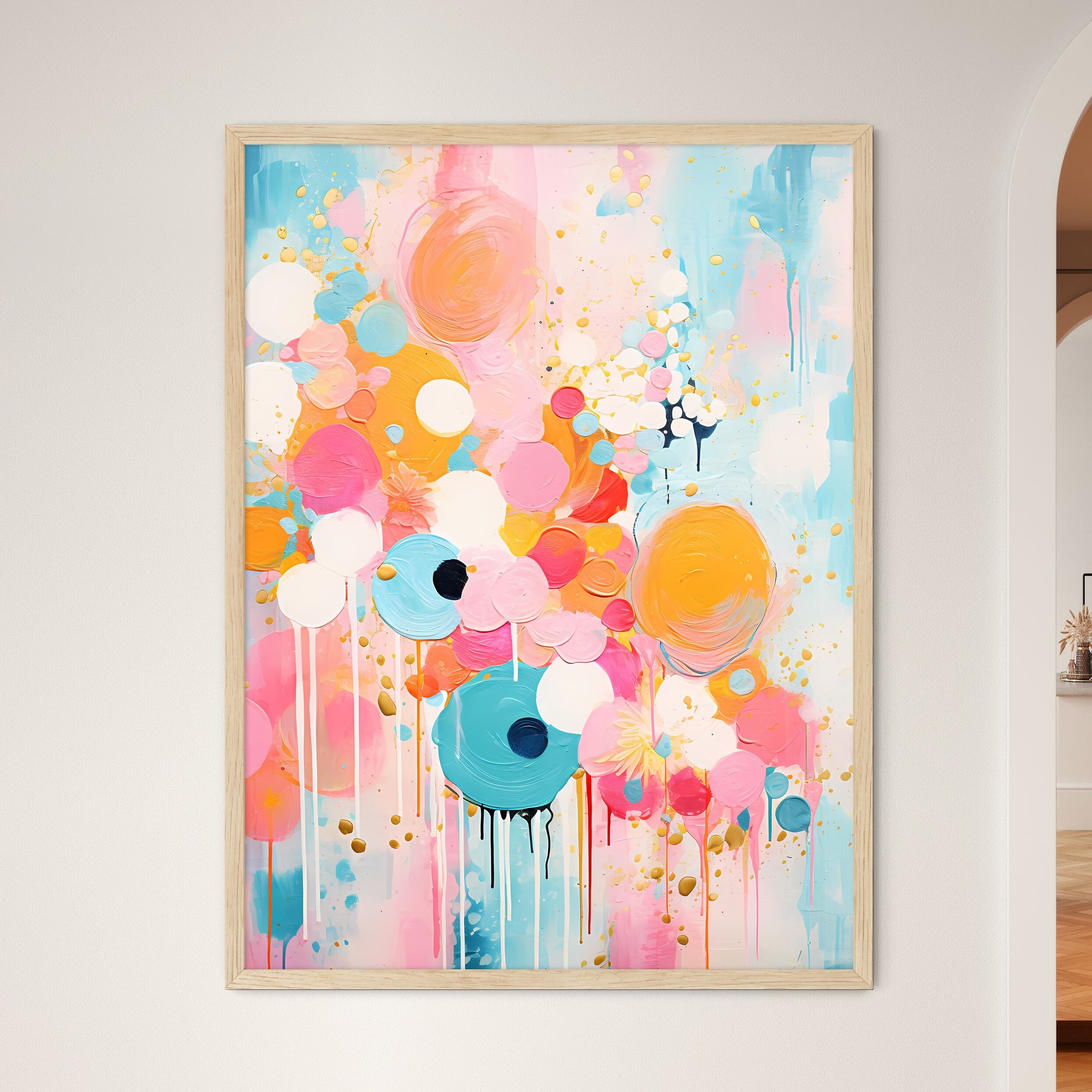 A Painting Of Colorful Circles And Splatter - Framed Art Print