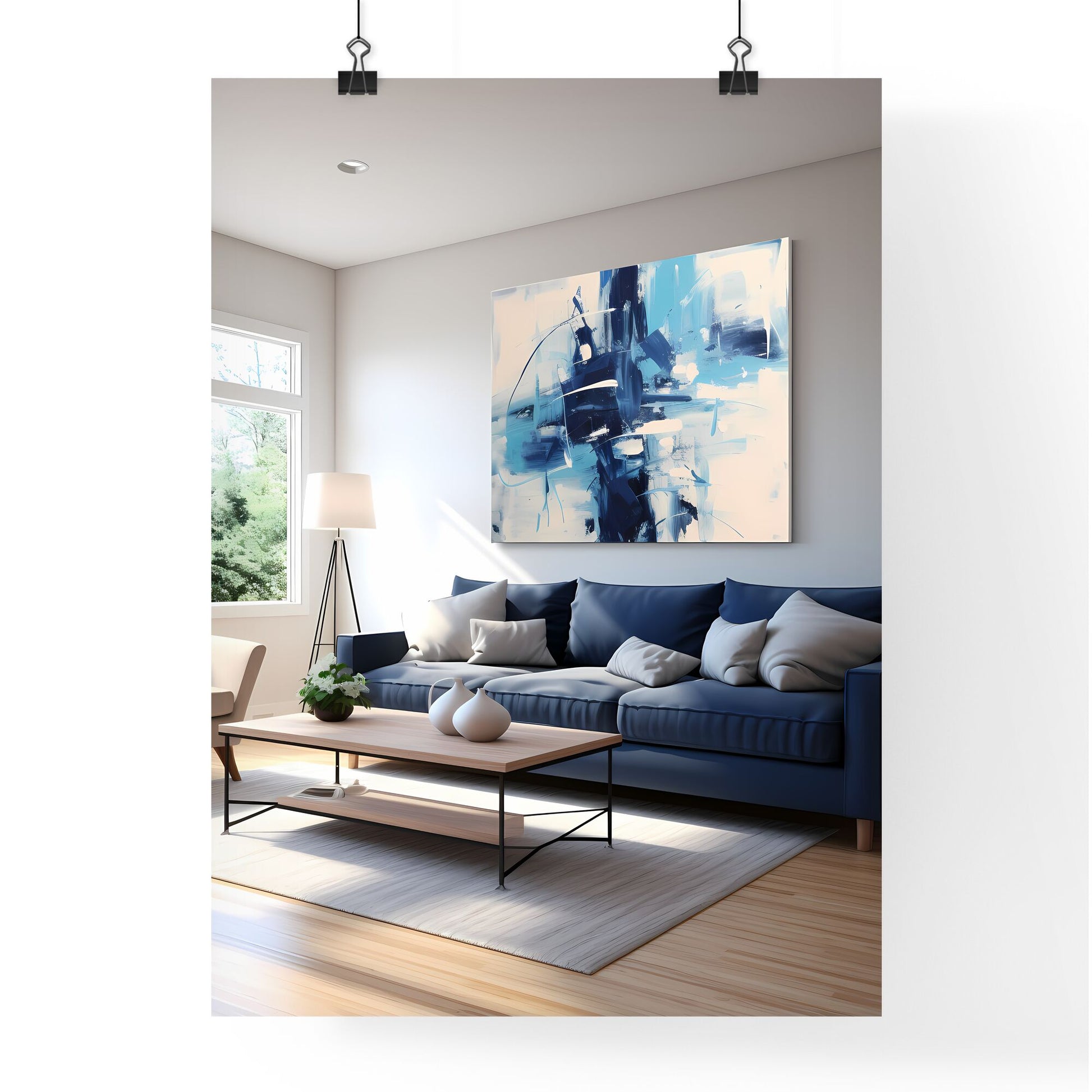 A Living Room With A Blue Couch And A Painting On The Wall Default Title