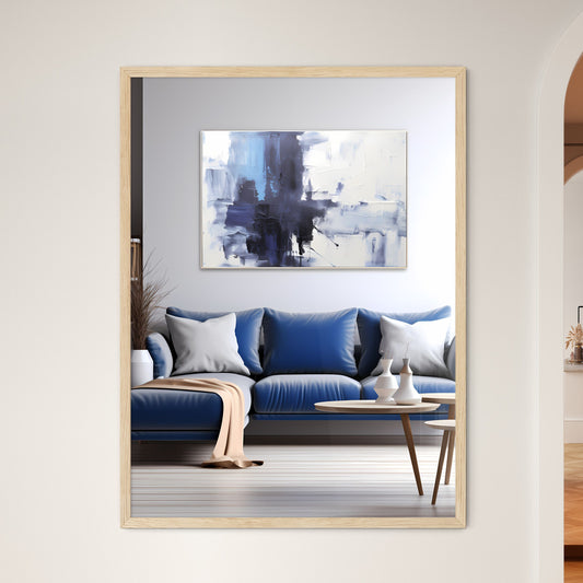 A Blue And White Living Room With A Large Painting On The Wall Default Title