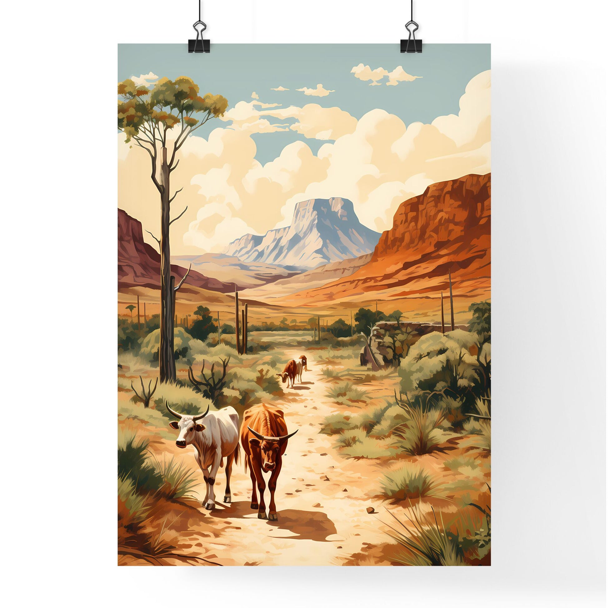 Mexico - A Painting Of Cows Walking On A Dirt Road With Mountains In The Background Default Title