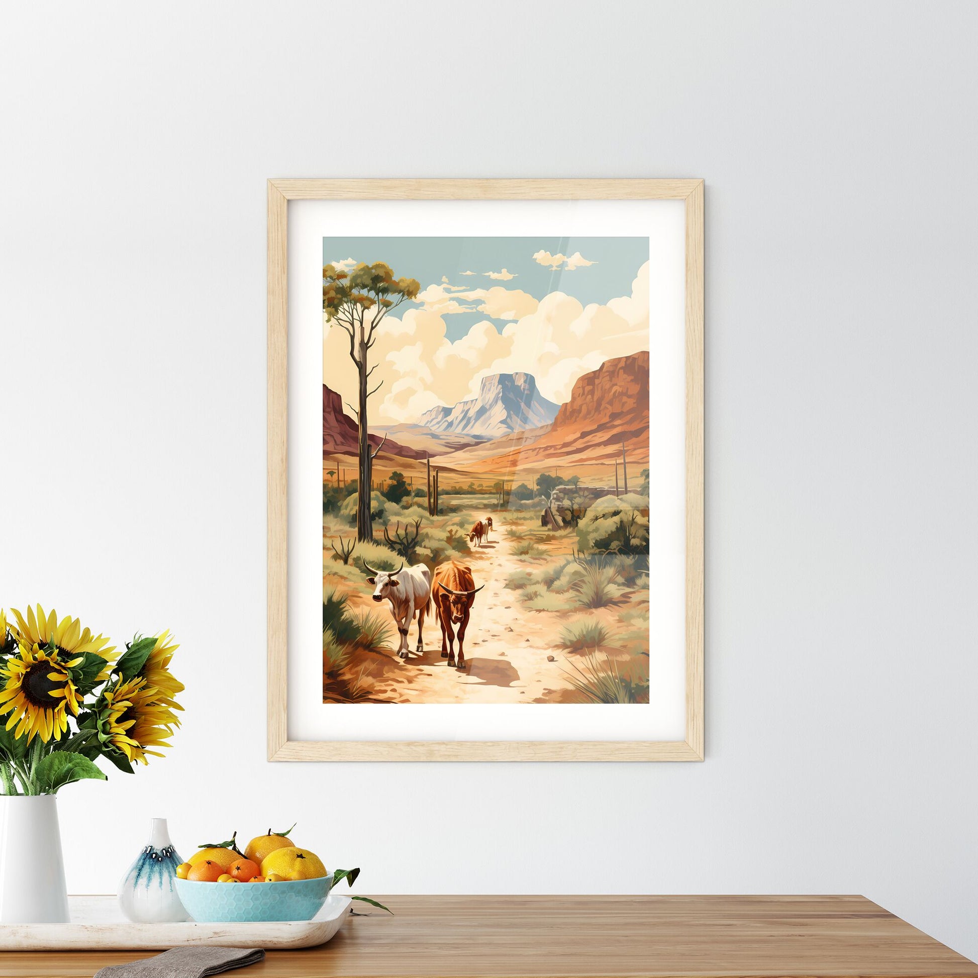 Mexico - A Painting Of Cows Walking On A Dirt Road With Mountains In The Background Default Title