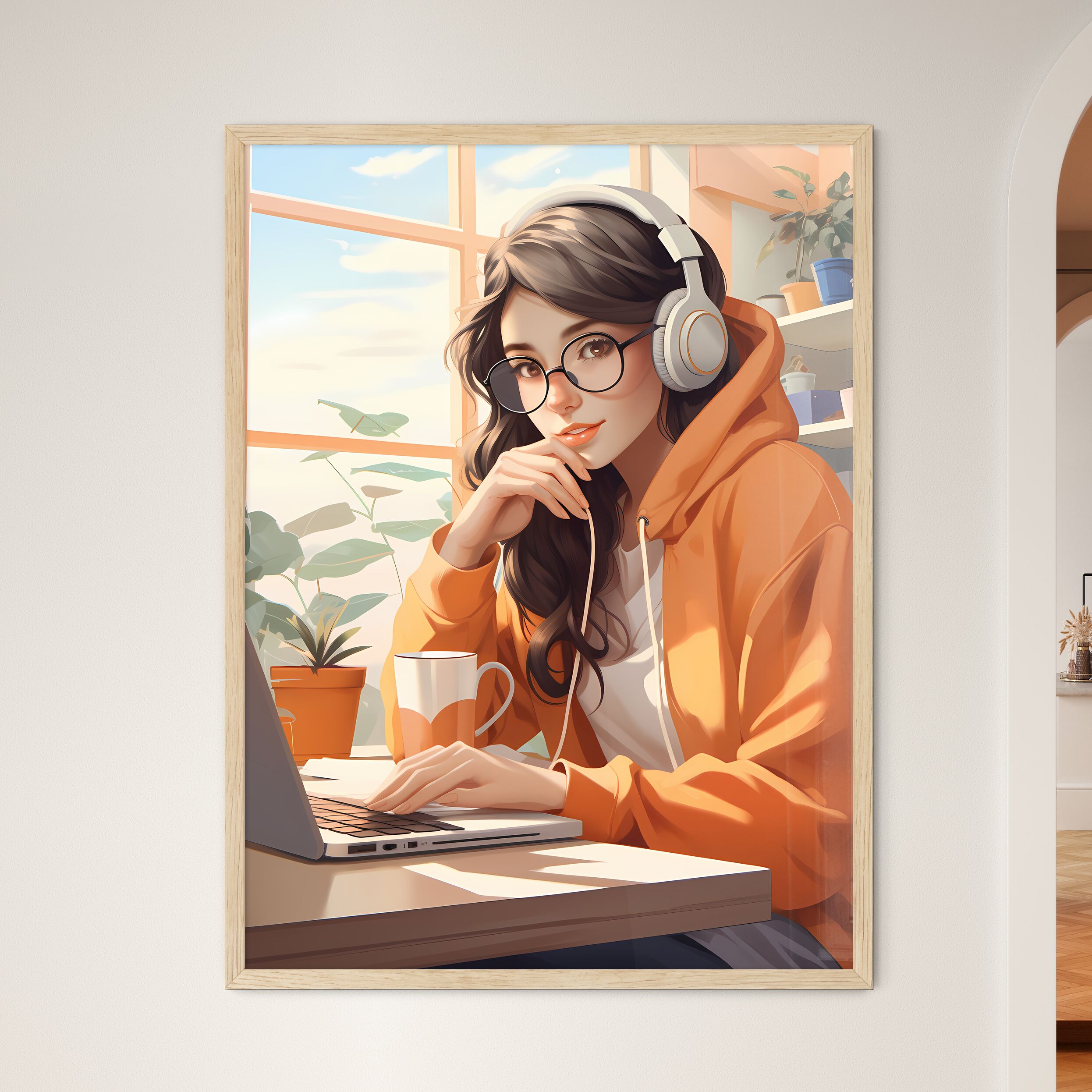 Work And Travel A Woman Wearing Headphones And A Hoodie Sitting At