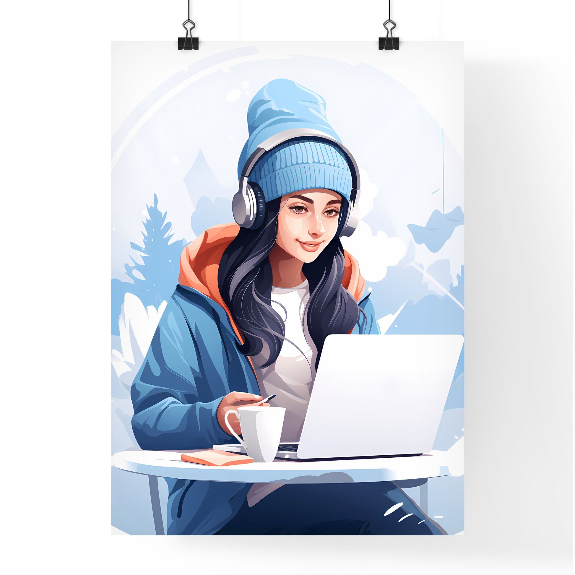 Work And Travel - A Woman Wearing Headphones And A Blue Hat Sitting At A Table With A Laptop Default Title