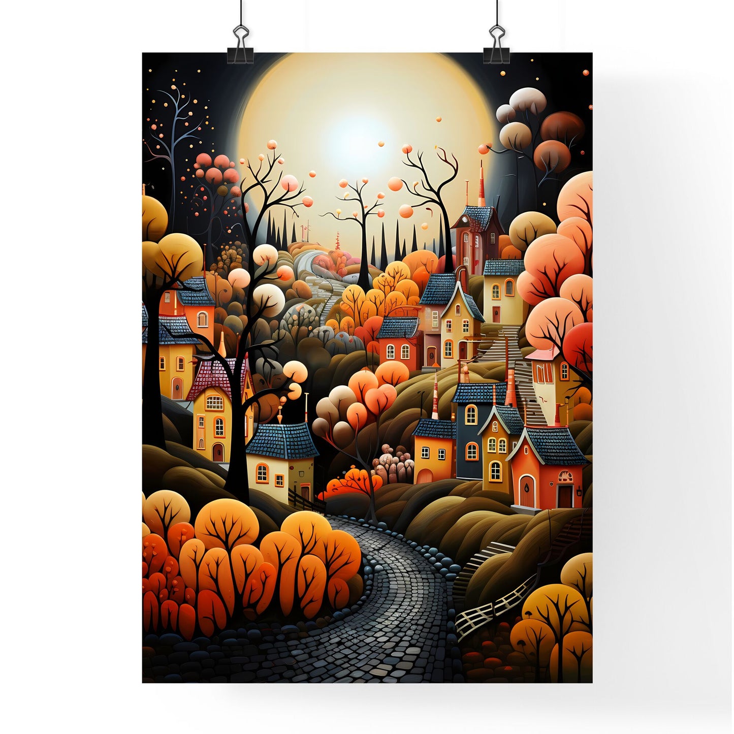 Autumn City - A Painting Of A Town With Trees And A Road Default Title