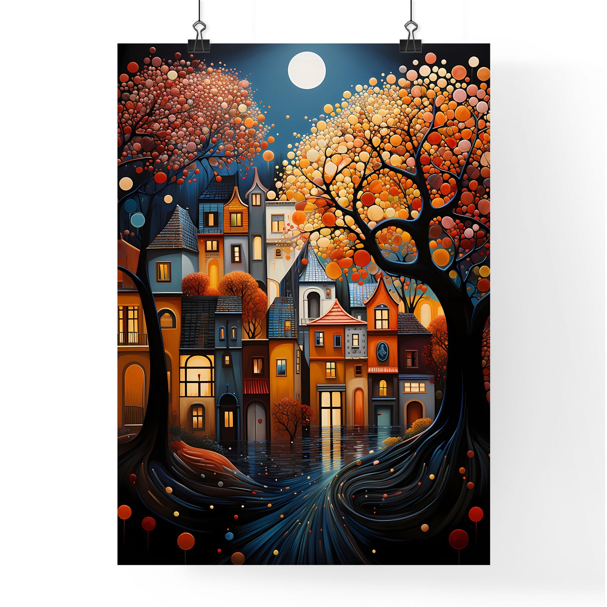 Autumn - A Painting Of A Town With Trees And Water Default Title