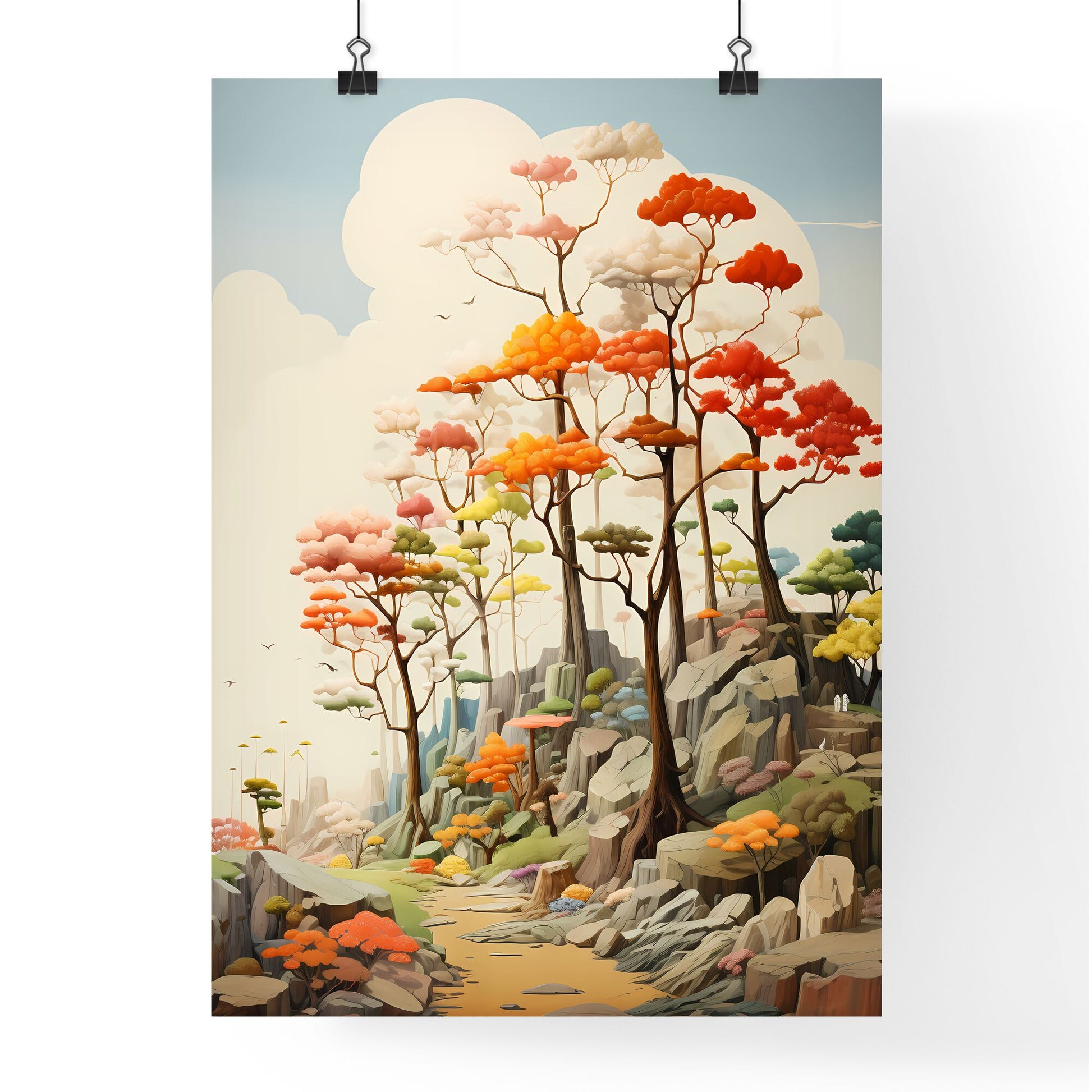 A Painting Of Trees On A Rocky Hill Default Title