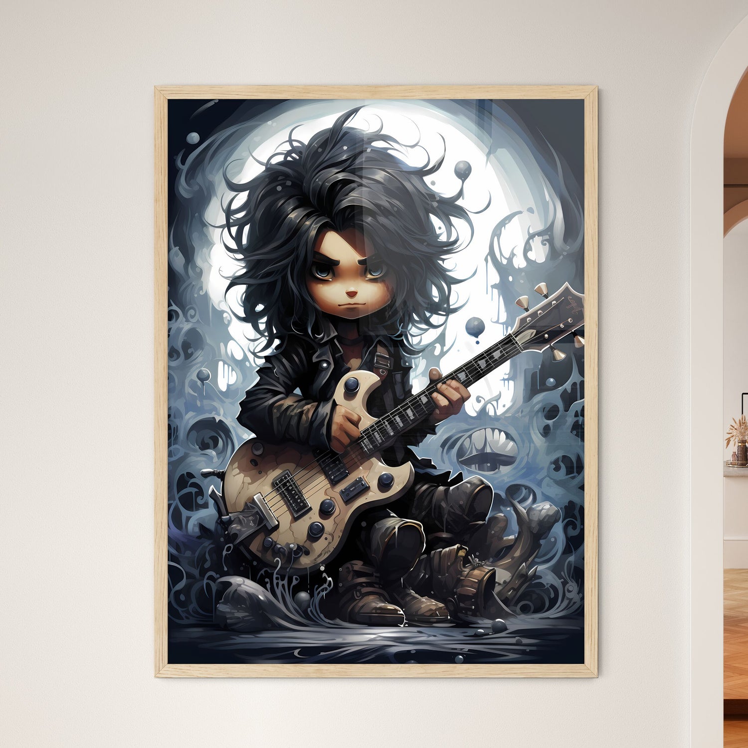 A Cartoon Of A Boy Playing A Guita - Framed Art Print